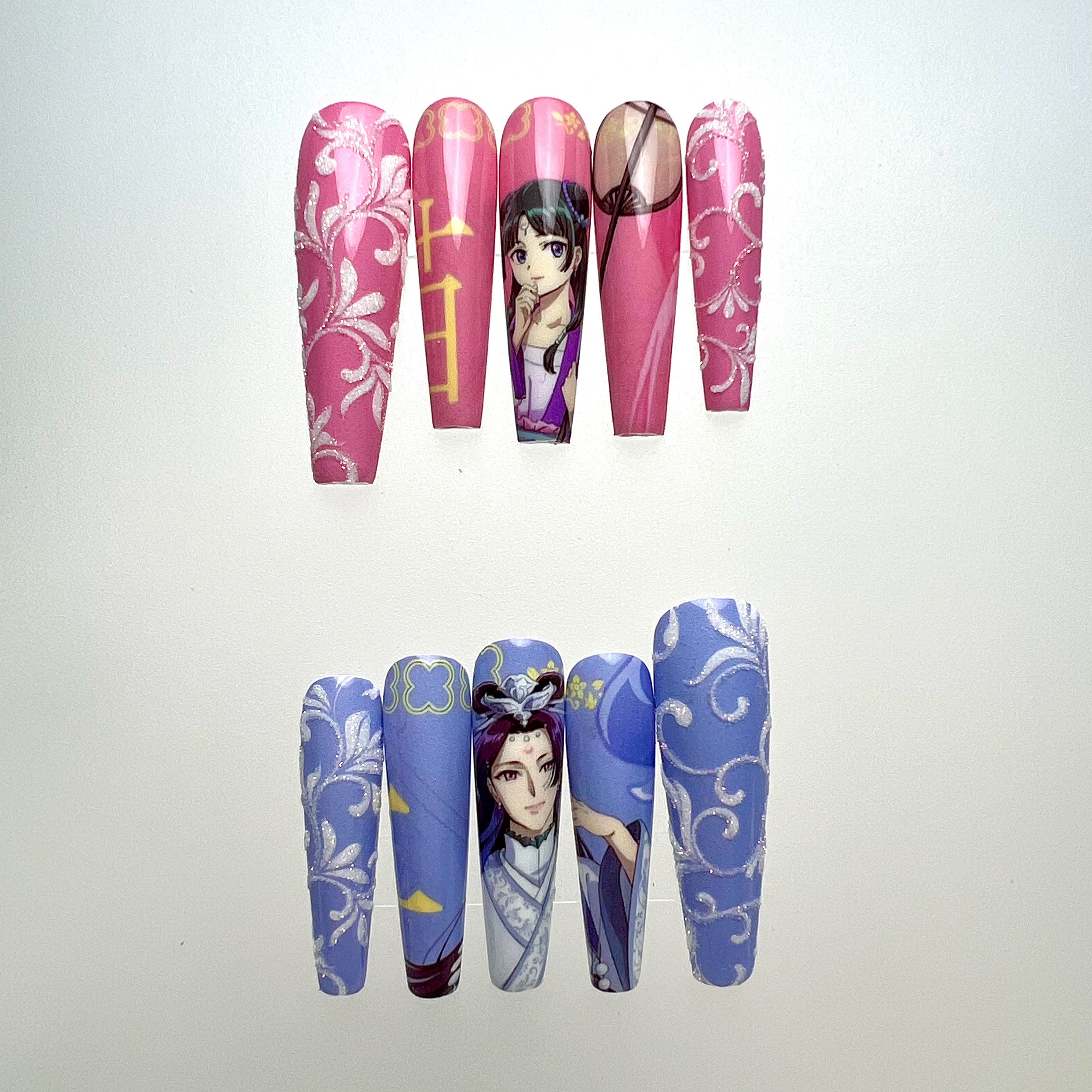 The Apothecary Diaries Nails – Maomao &amp; Jinshi Press-On Set, Pink &amp; Purple Floral Brocade Anime Design | Dragonnail