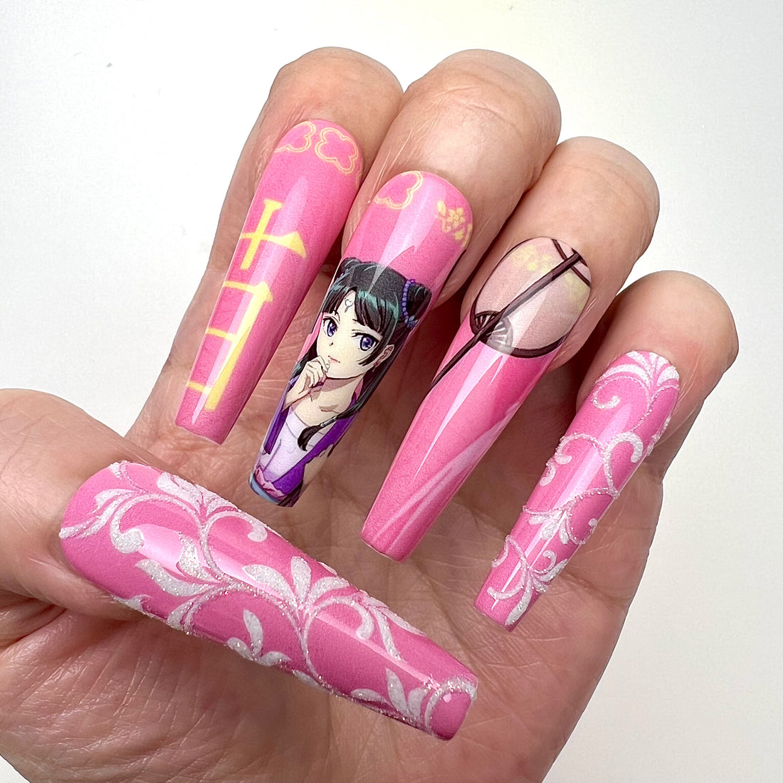 The Apothecary Diaries Nails – Maomao &amp; Jinshi Press-On Set, Pink &amp; Purple Floral Brocade Anime Design | Dragonnail