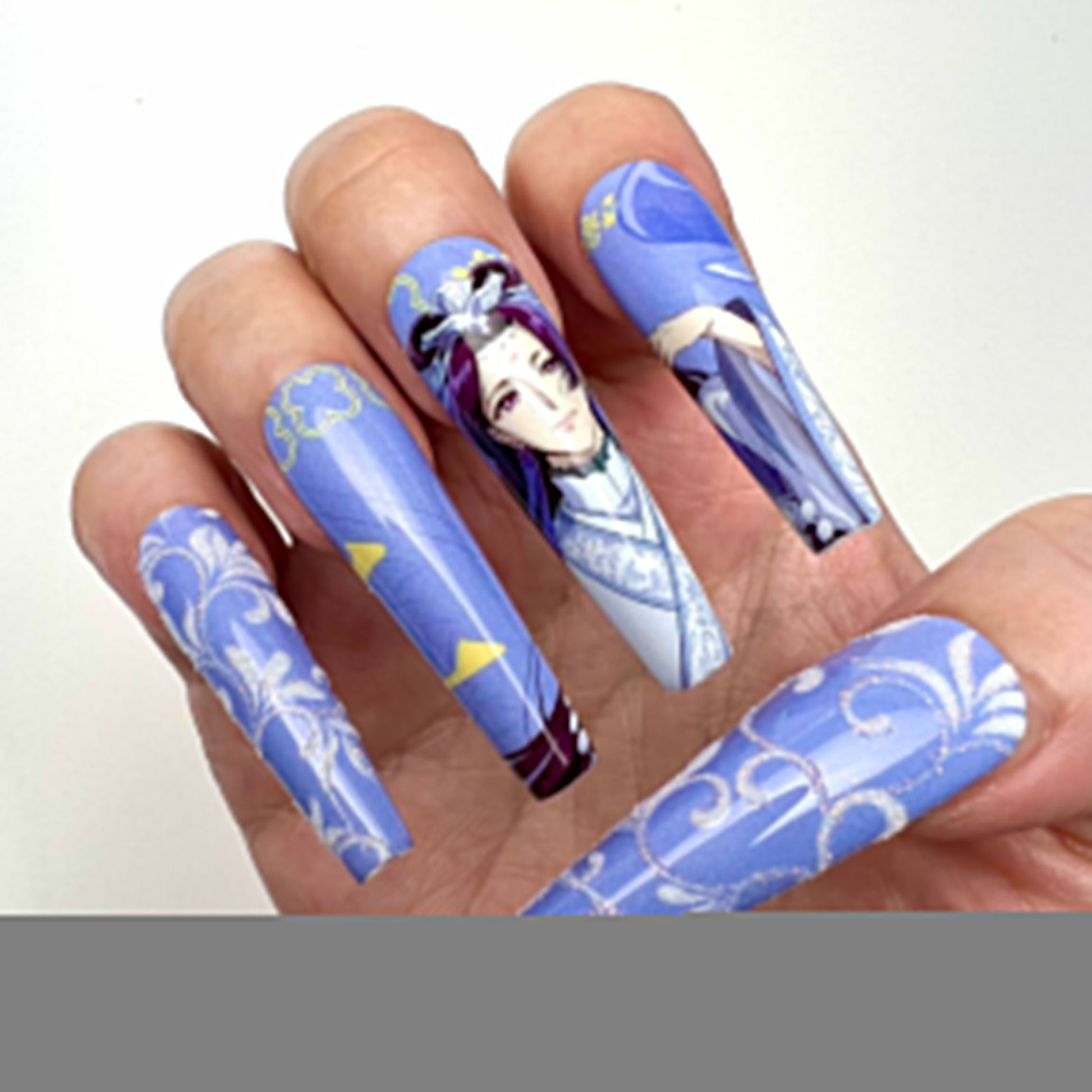 The Apothecary Diaries Nails – Maomao &amp; Jinshi Press-On Set, Pink &amp; Purple Floral Brocade Anime Design | Dragonnail