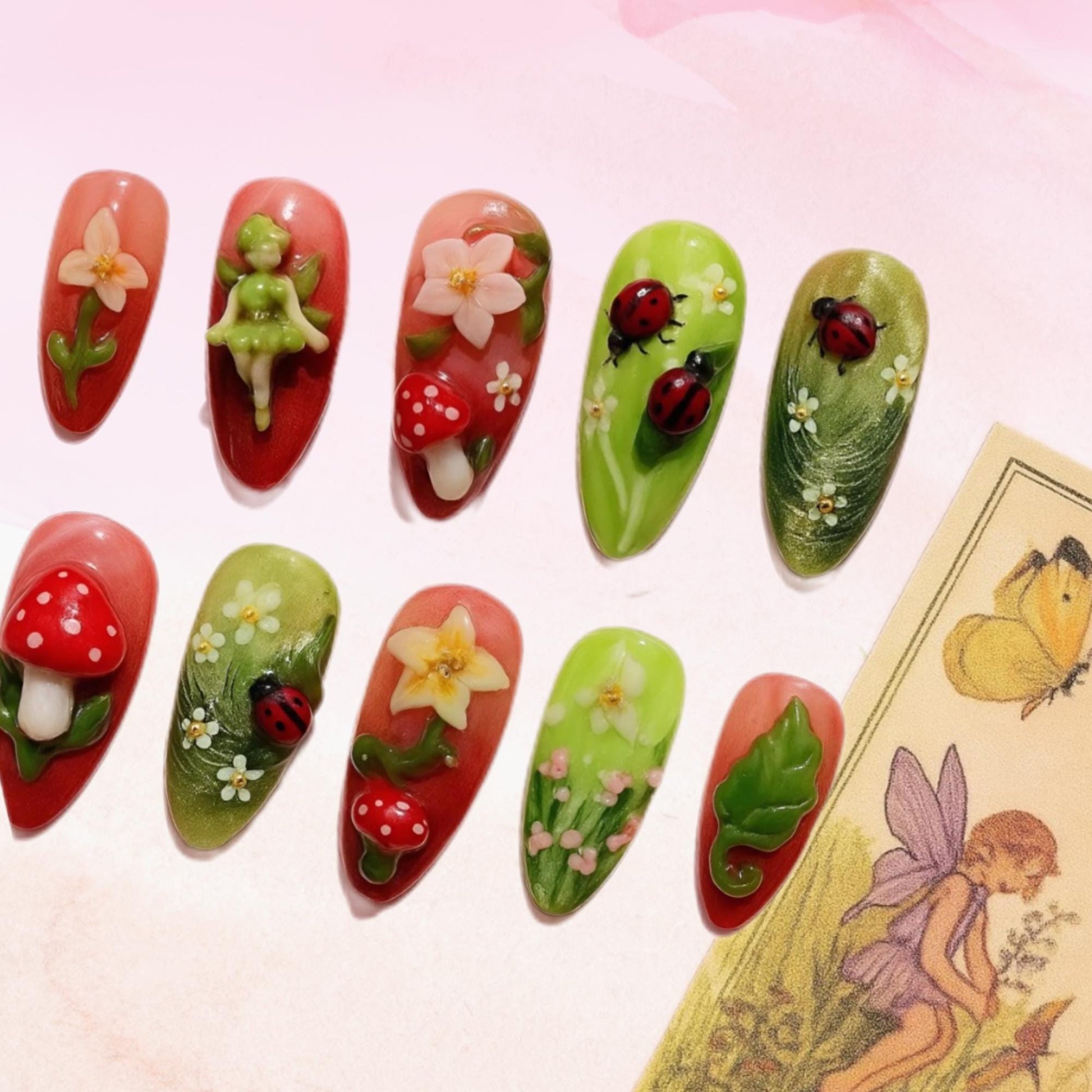 Dreamy Fairycore Press On Nails Floral 3d Nail Art Mushrooms Ladybugs Daisies Nails Handmade Nature Vibe Almond Nails Forest Nails Dragonnail