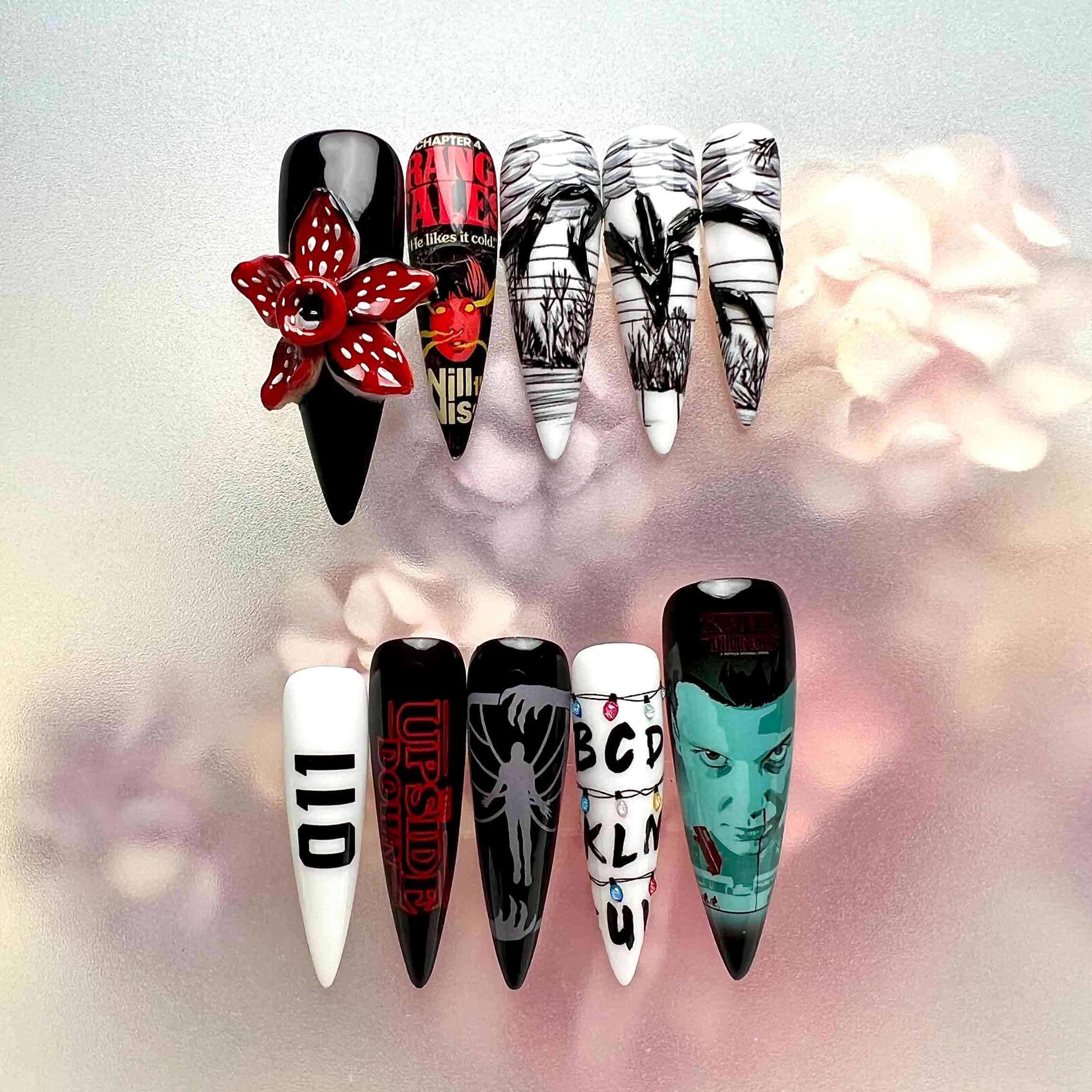 Stranger Things Nails – Eleven &amp; Vecna Press-On Set, 3D Demogorgon Upside Down Design | Dragonnail