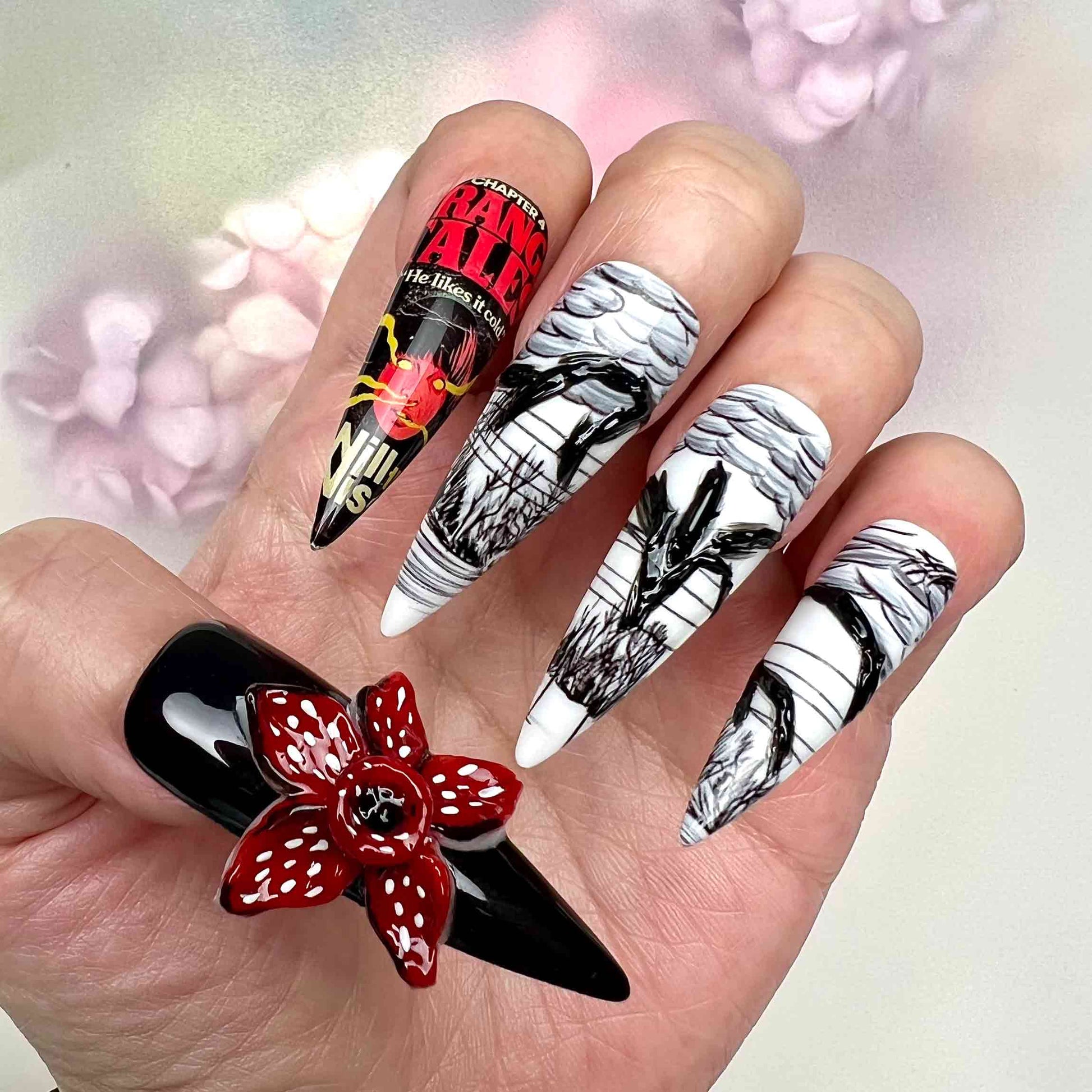 Stranger Things Nails – Eleven &amp; Vecna Press-On Set, 3D Demogorgon Upside Down Design | Dragonnail