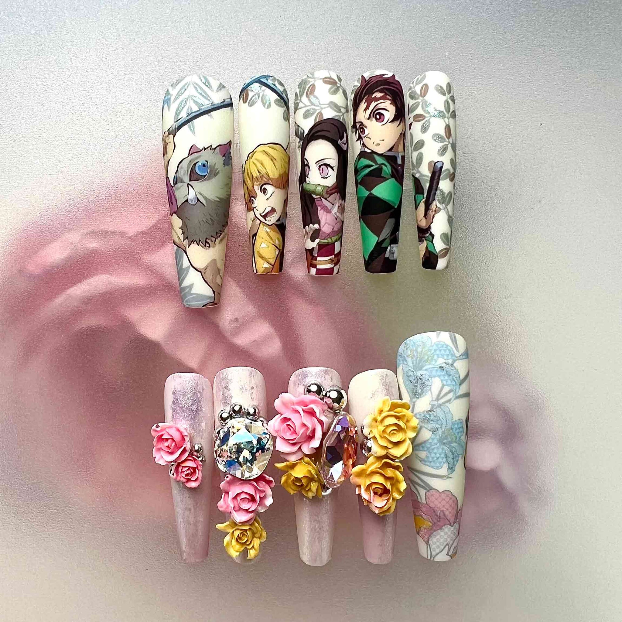 Demon Slayer Trio Nails – Tanjiro, Nezuko, Zenitsu &amp; Inosuke Press-On Set, 3D Rose &amp; Floral Anime Design | Dragonnail