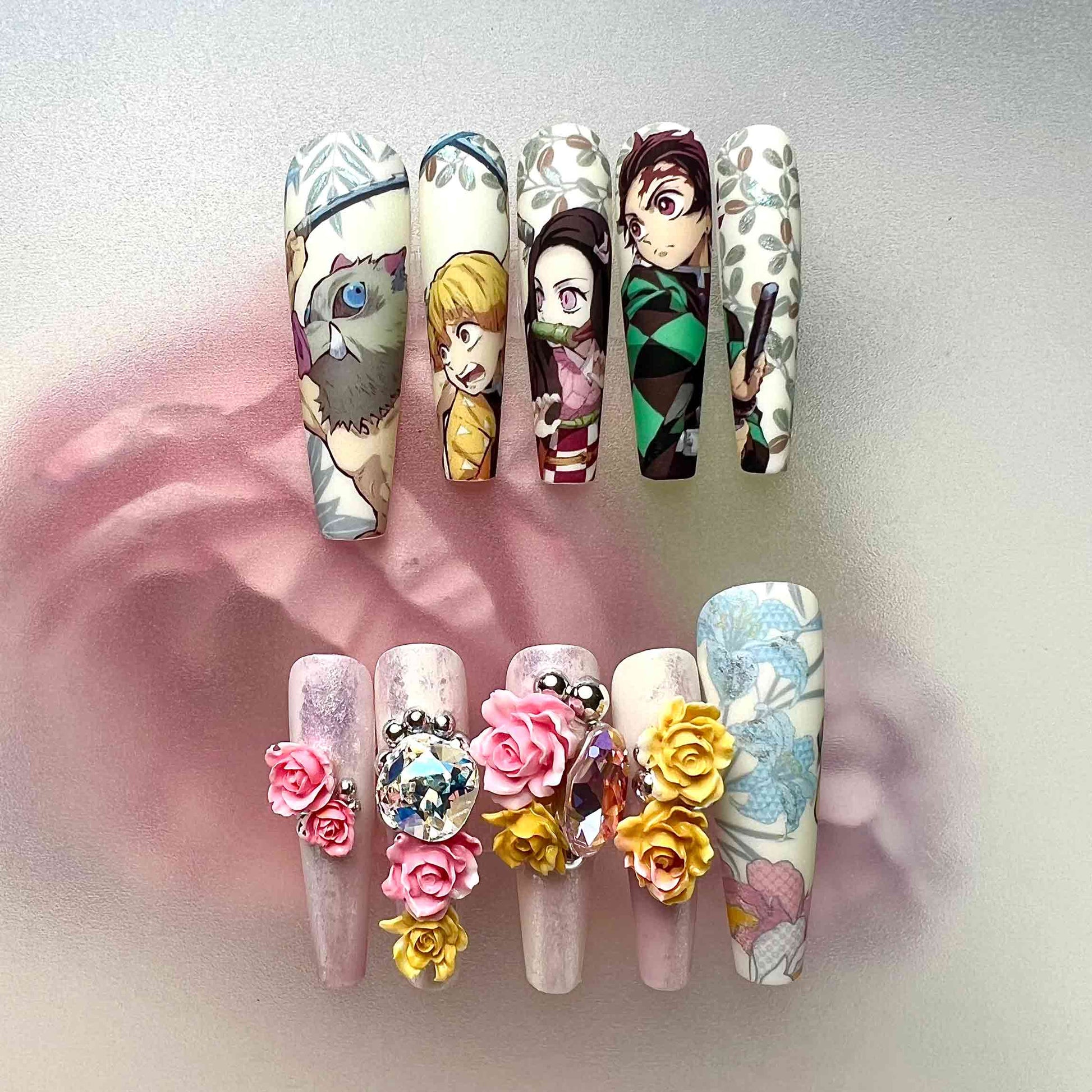 Demon Slayer Trio Nails – Tanjiro, Nezuko, Zenitsu &amp; Inosuke Press-On Set, 3D Rose &amp; Floral Anime Design | Dragonnail