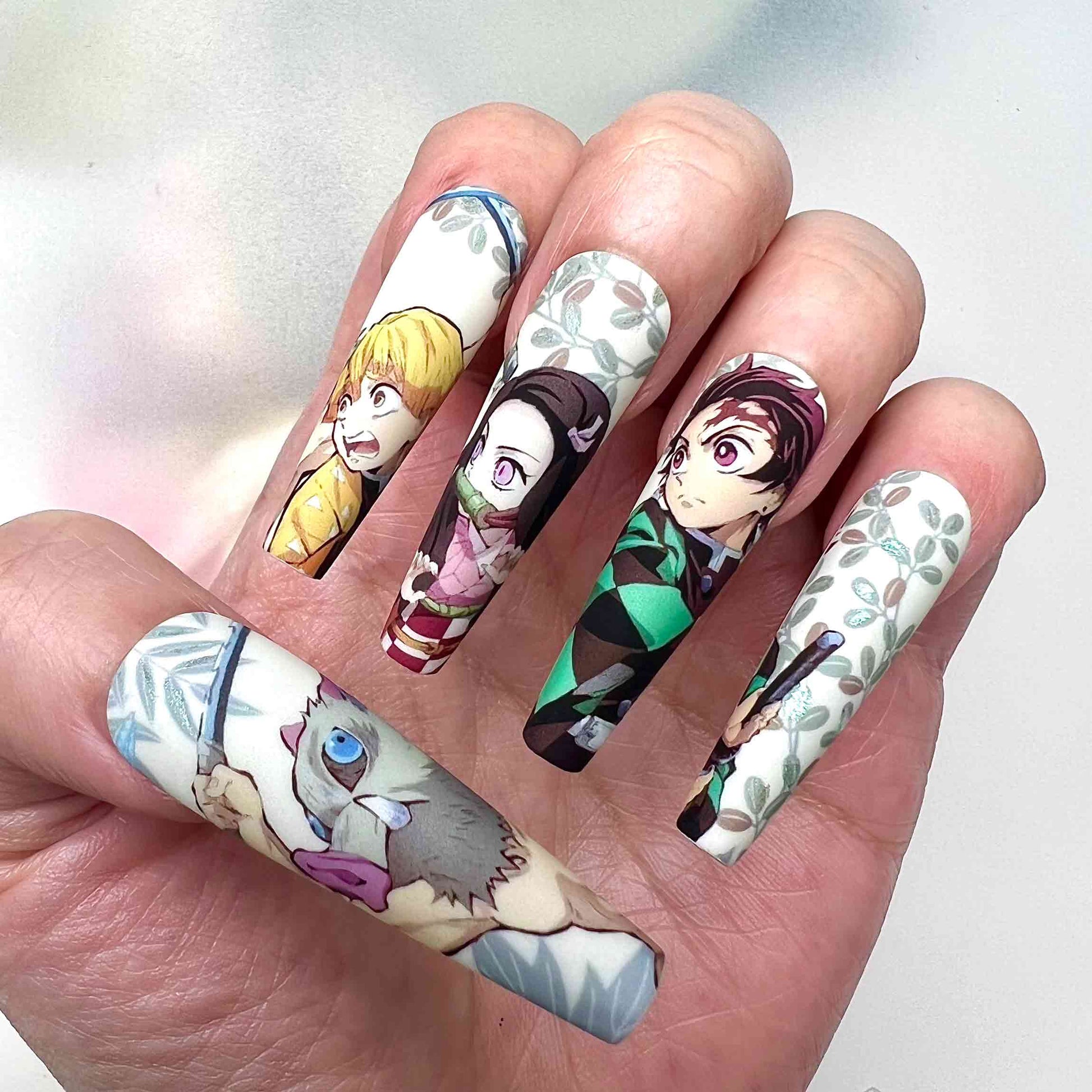 Demon Slayer Trio Nails – Tanjiro, Nezuko, Zenitsu &amp; Inosuke Press-On Set, 3D Rose &amp; Floral Anime Design | Dragonnail