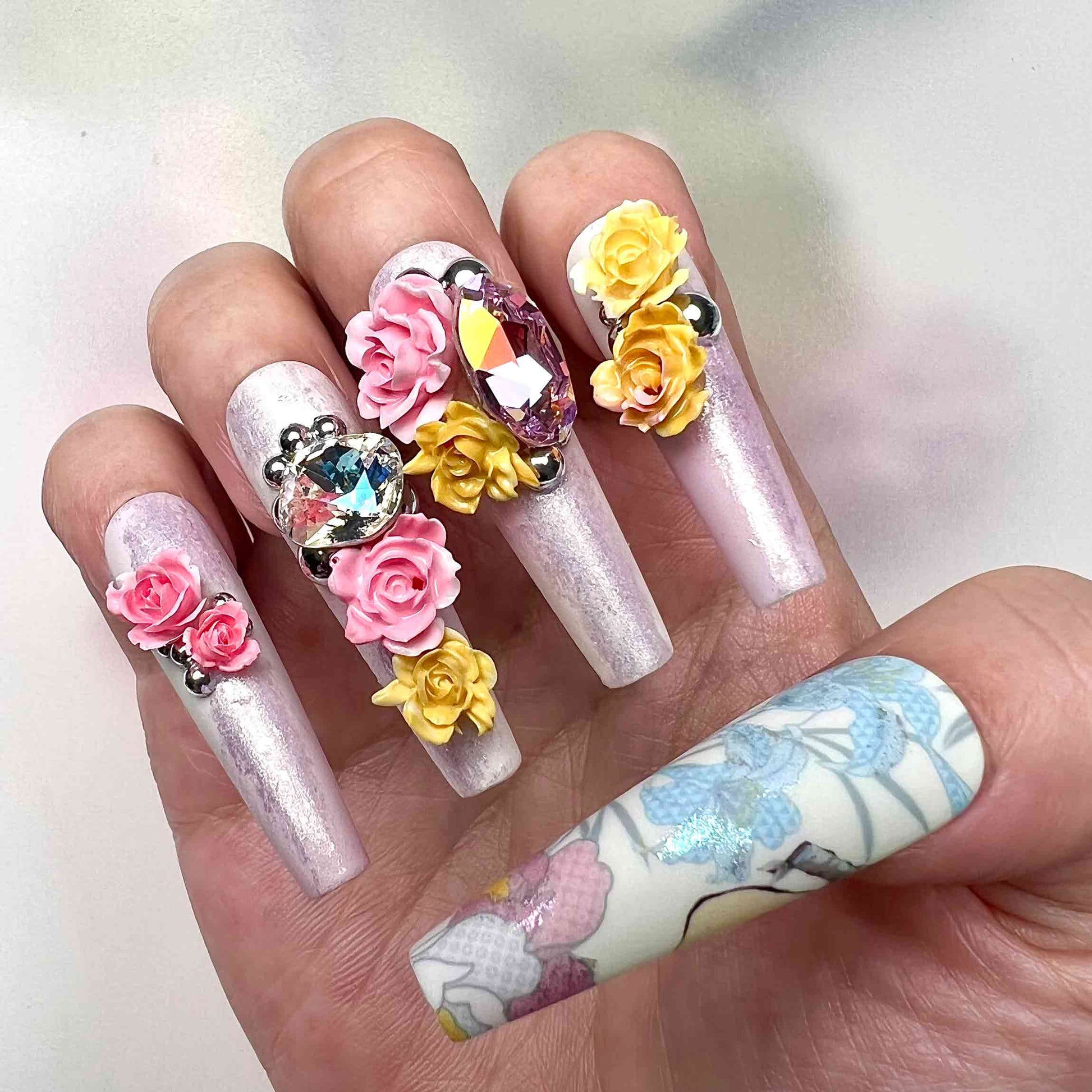 Demon Slayer Trio Nails – Tanjiro, Nezuko, Zenitsu &amp; Inosuke Press-On Set, 3D Rose &amp; Floral Anime Design | Dragonnail