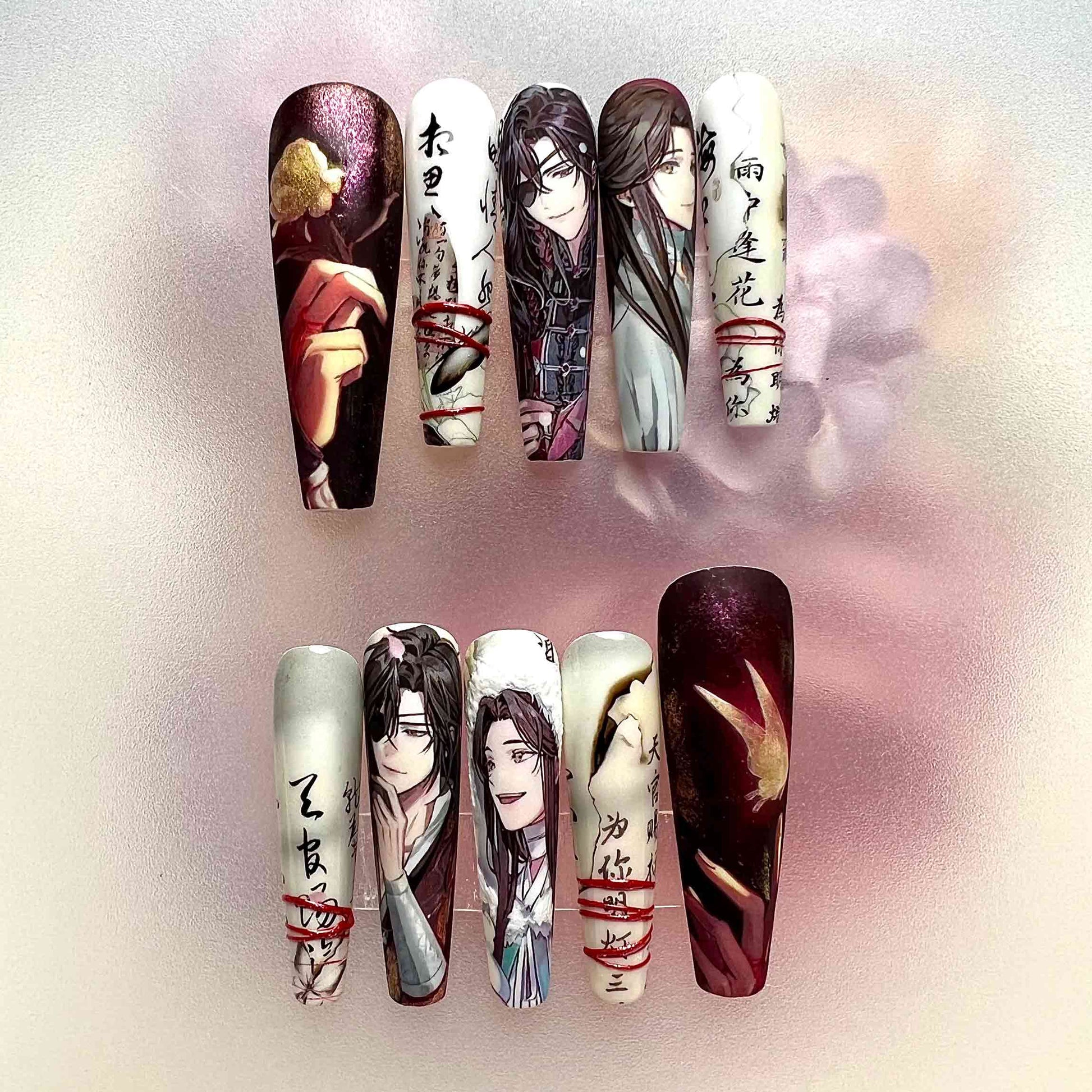 Danmei Couple Press-On Nails | TGCF/MDZS Wuxia Anime Set feat. Xie Lian &amp; Hua Cheng | Calligraphy, Red String &amp; Ancient Scroll Art | Dragonnail