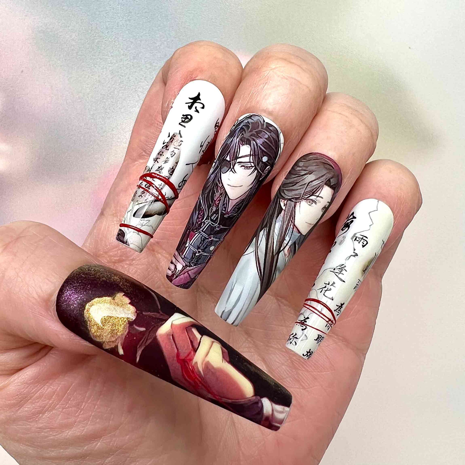 Danmei Couple Press-On Nails | TGCF/MDZS Wuxia Anime Set feat. Xie Lian &amp; Hua Cheng | Calligraphy, Red String &amp; Ancient Scroll Art | Dragonnail