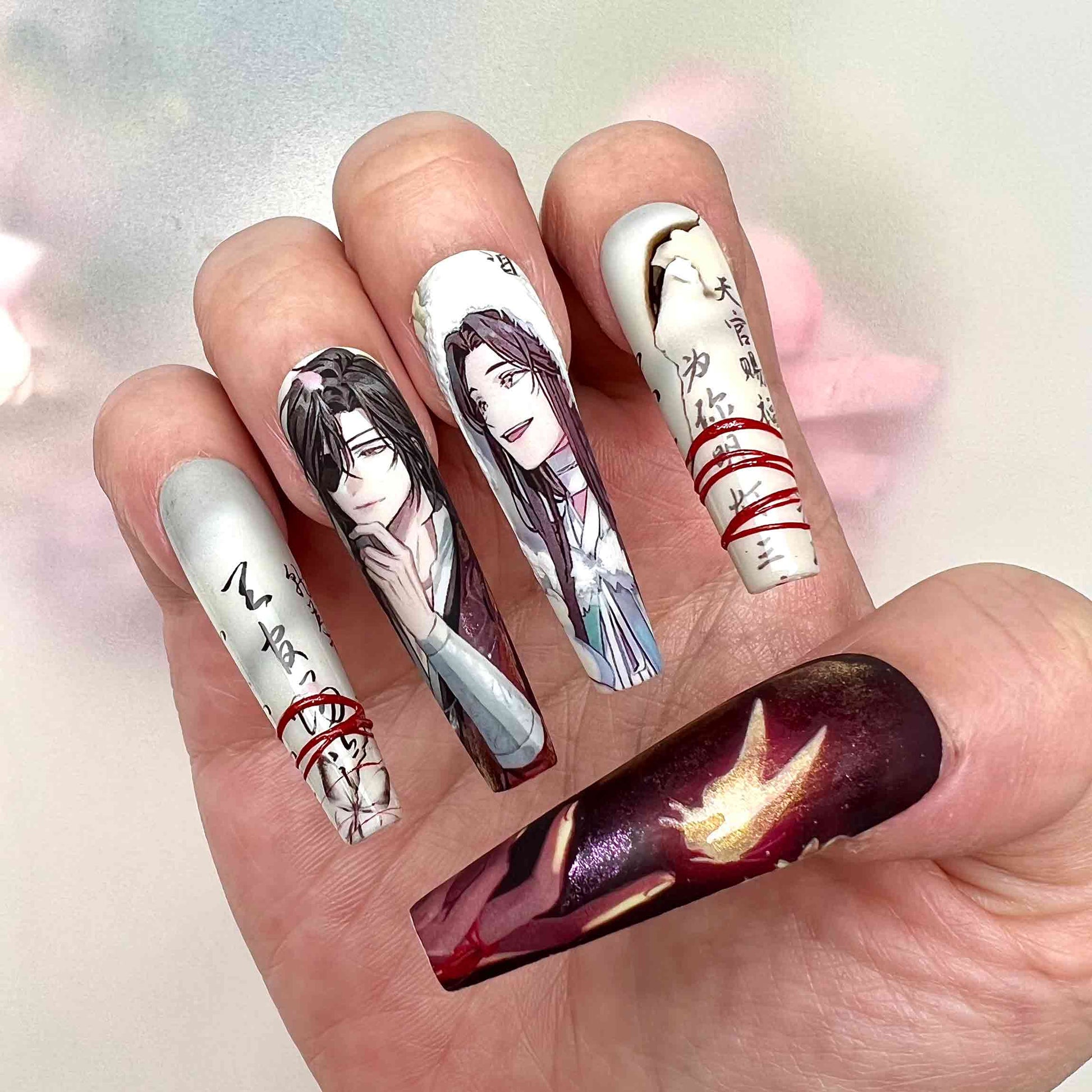 Danmei Couple Press-On Nails | TGCF/MDZS Wuxia Anime Set feat. Xie Lian &amp; Hua Cheng | Calligraphy, Red String &amp; Ancient Scroll Art | Dragonnail