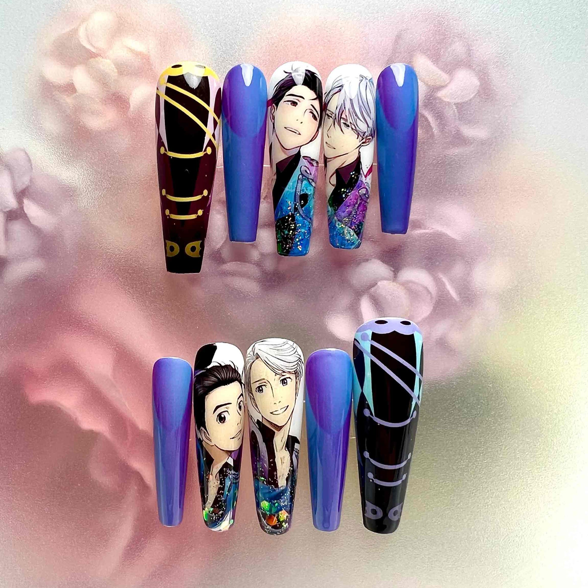 Yuri!!! on Ice Nails – Yuuri Katsuki &amp; Victor Nikiforov Press-On Set, Skating Costume &amp; Blue/Purple Anime Design | Dragonnail