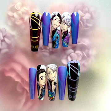 Yuri!!! on Ice Nails – Yuuri Katsuki &amp; Victor Nikiforov Press-On Set, Skating Costume &amp; Blue/Purple Anime Design | Dragonnail