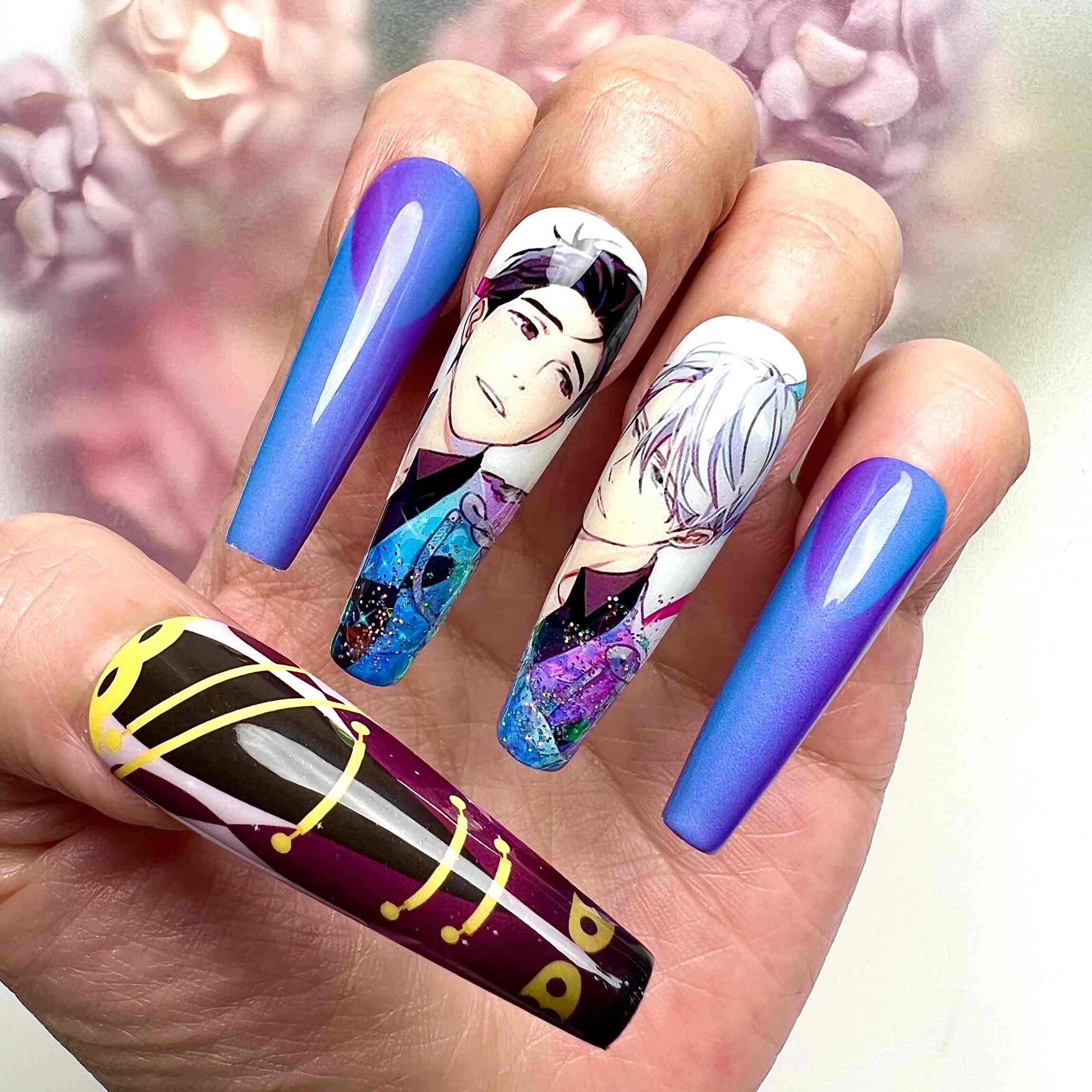 Yuri!!! on Ice Nails – Yuuri Katsuki &amp; Victor Nikiforov Press-On Set, Skating Costume &amp; Blue/Purple Anime Design | Dragonnail