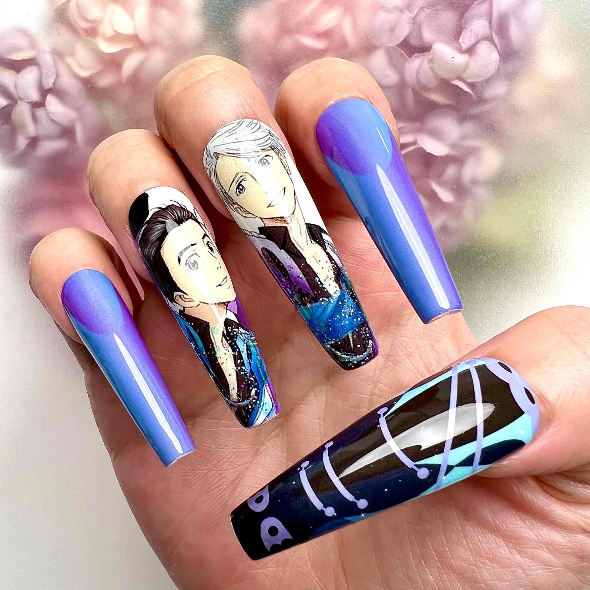 Yuri!!! on Ice Nails – Yuuri Katsuki &amp; Victor Nikiforov Press-On Set, Skating Costume &amp; Blue/Purple Anime Design | Dragonnail