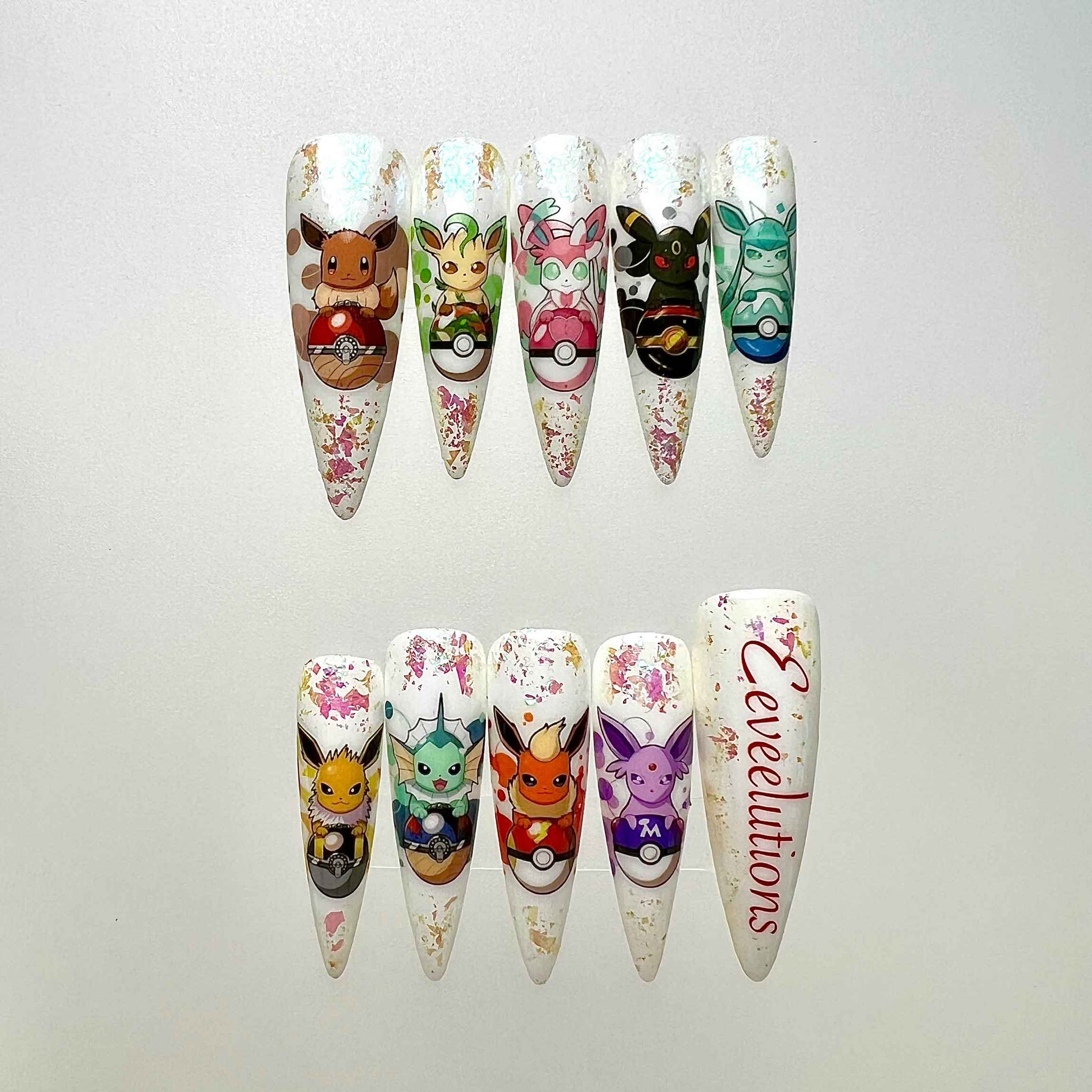 Eevee Evolutions Nails – Pokémon Press-On Nail Set, Cute Glitter Anime Design With Eevee &amp; Friends | Dragonnail