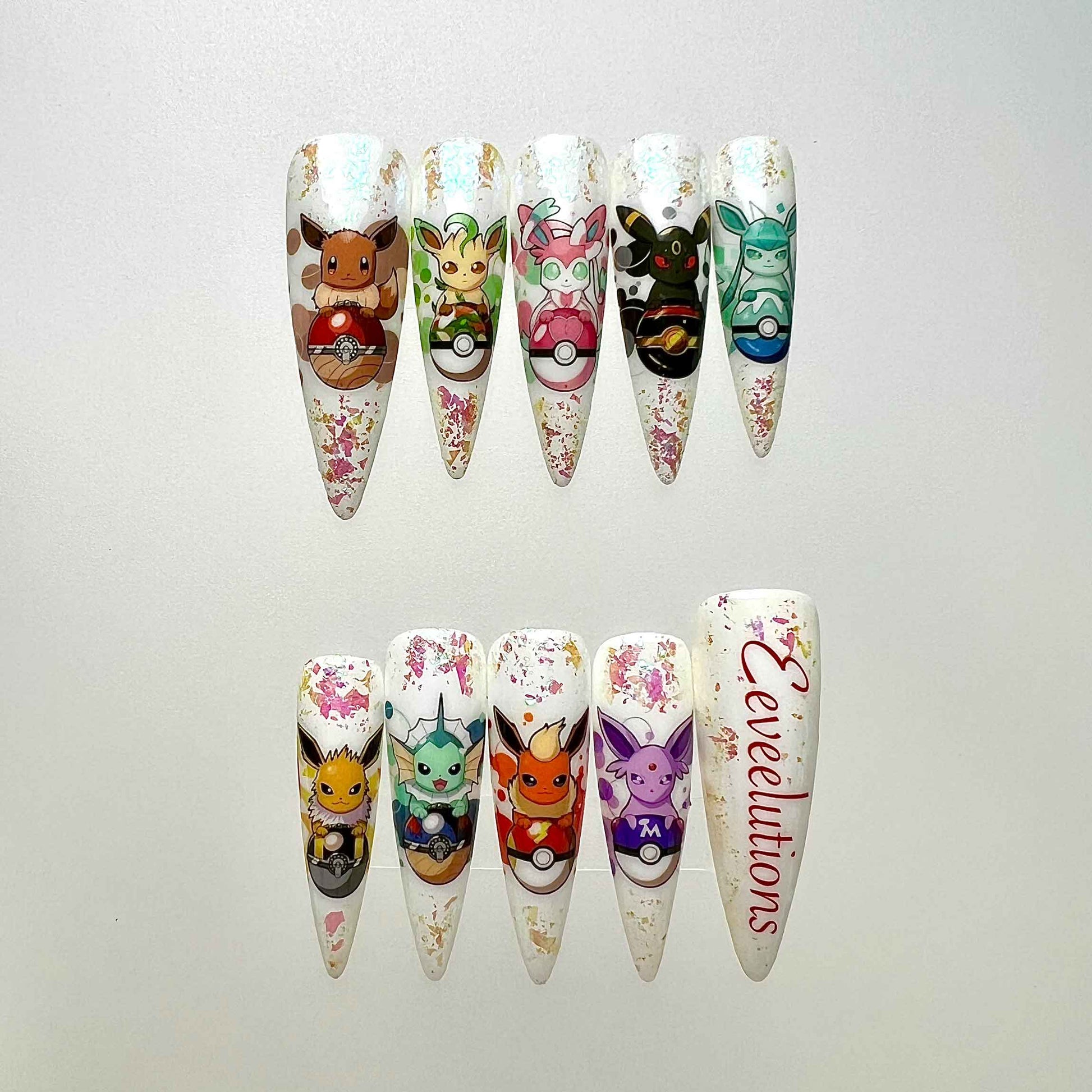 Eevee Evolutions Nails – Pokémon Press-On Nail Set, Cute Glitter Anime Design With Eevee &amp; Friends | Dragonnail