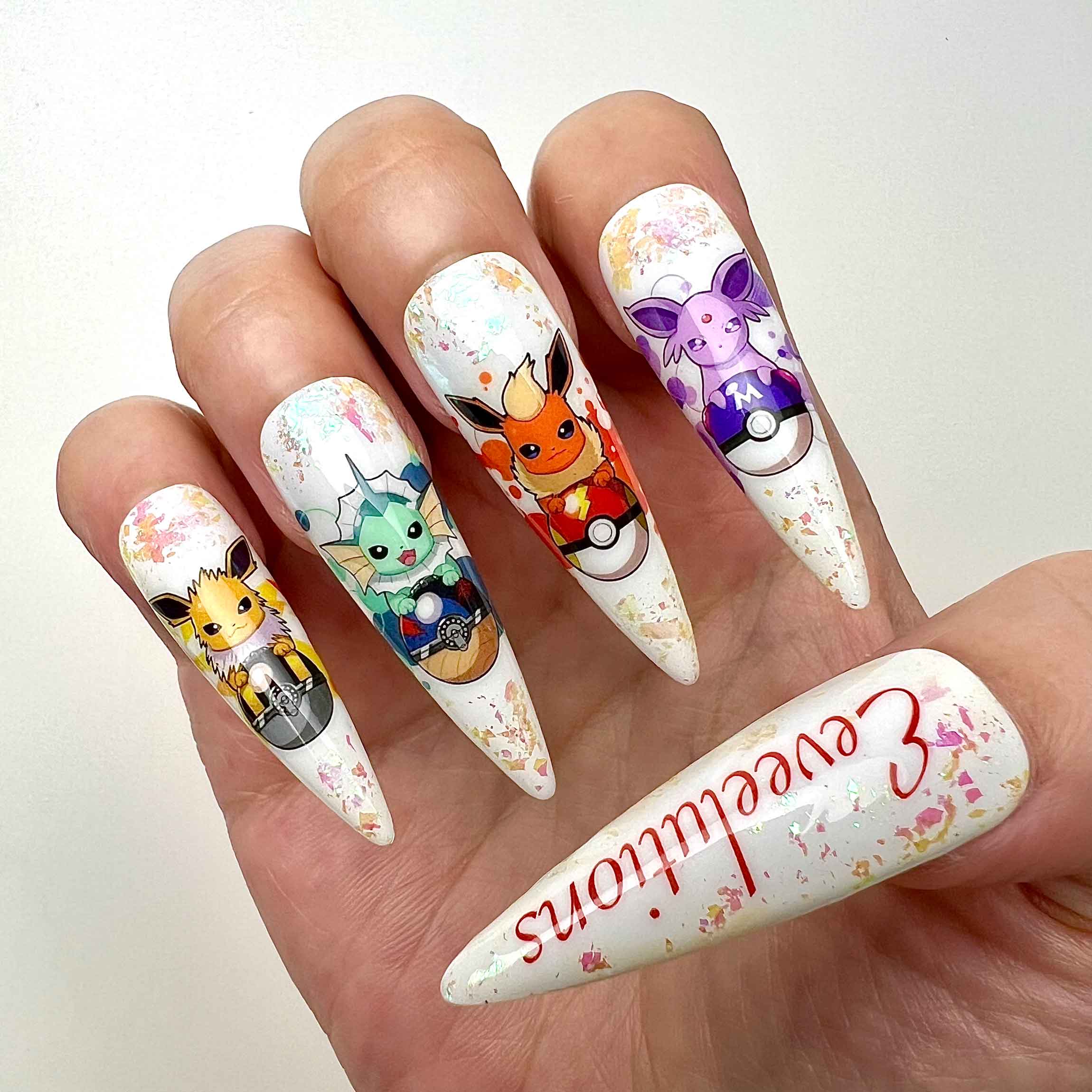 Eevee Evolutions Nails – Pokémon Press-On Nail Set, Cute Glitter Anime Design With Eevee &amp; Friends | Dragonnail