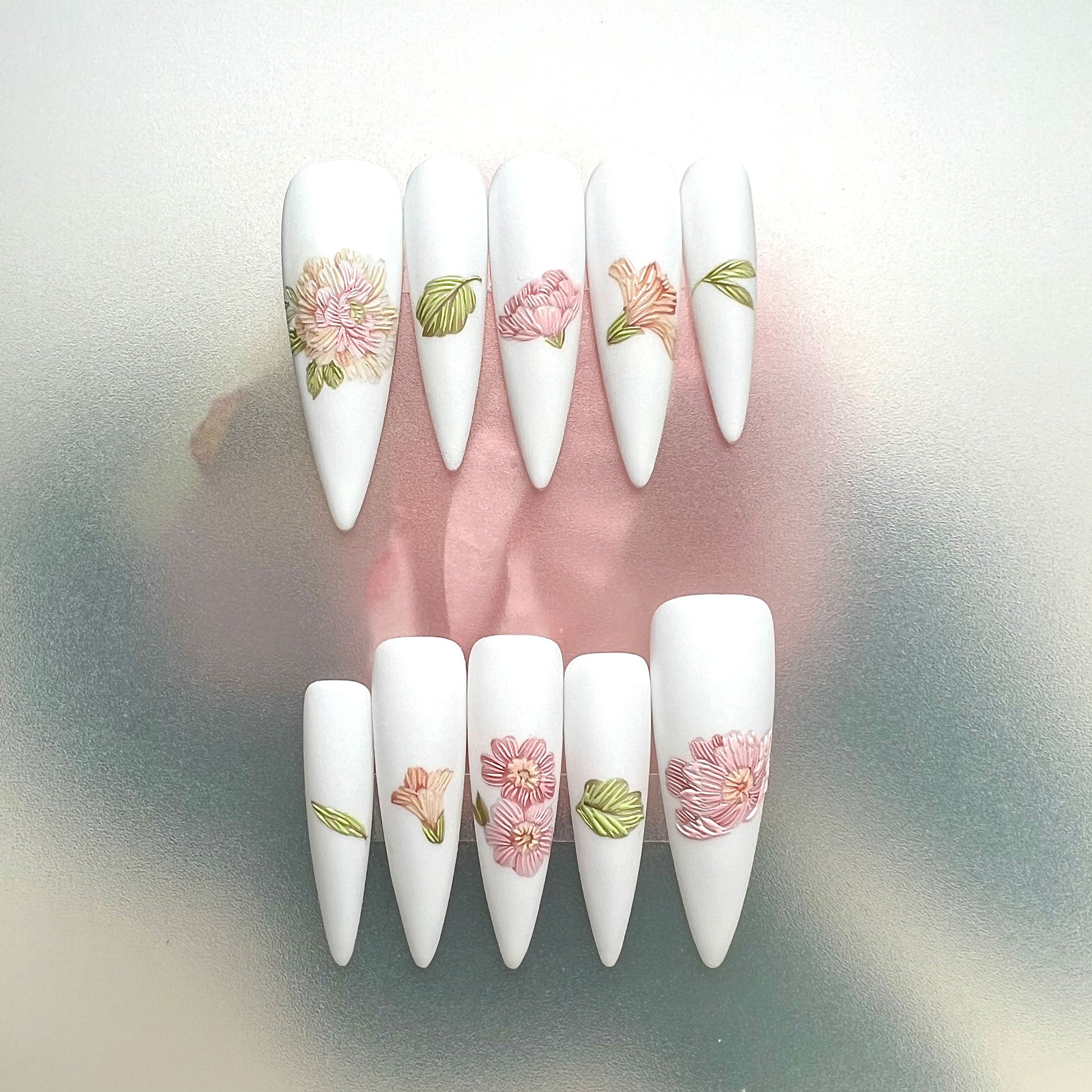 Minimalist 3D Floral Press-On Nails | Matte White, Nude Pink Flower &amp; Elegant Bridal Set | Raised Sculpture Nail Art | Dragonnail