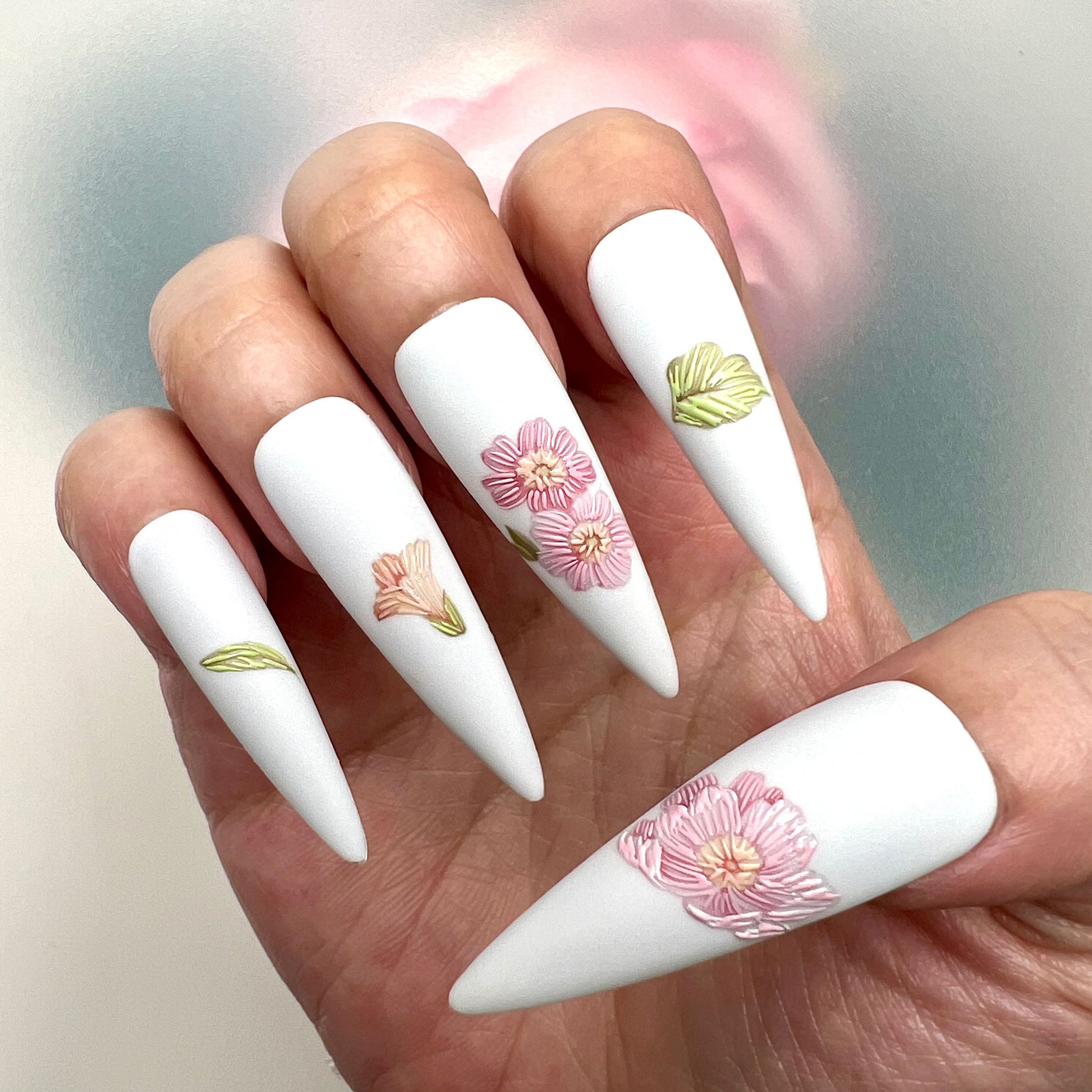 Minimalist 3D Floral Press-On Nails | Matte White, Nude Pink Flower &amp; Elegant Bridal Set | Raised Sculpture Nail Art | Dragonnail