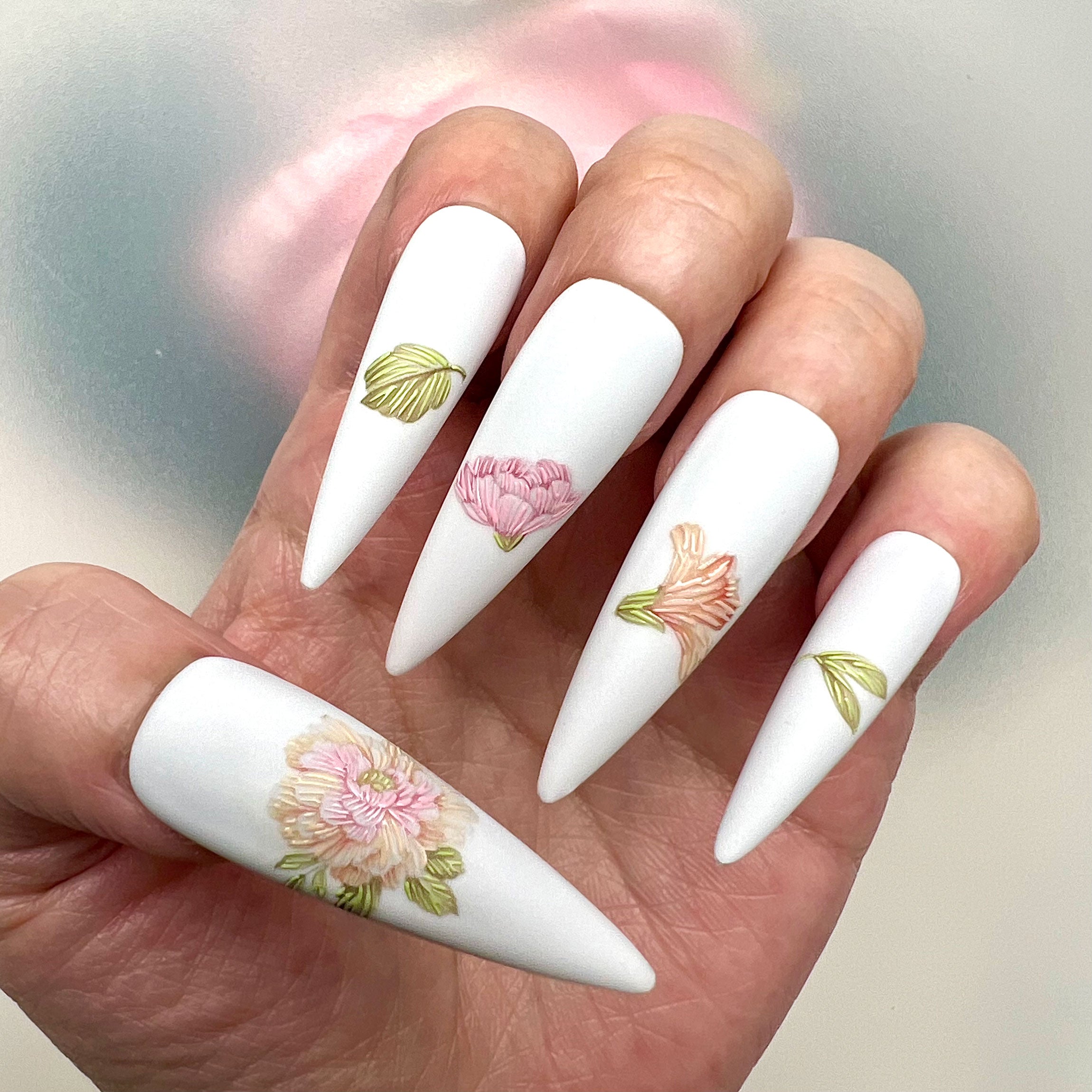 Minimalist 3D Floral Press-On Nails | Matte White, Nude Pink Flower &amp; Elegant Bridal Set | Raised Sculpture Nail Art | Dragonnail