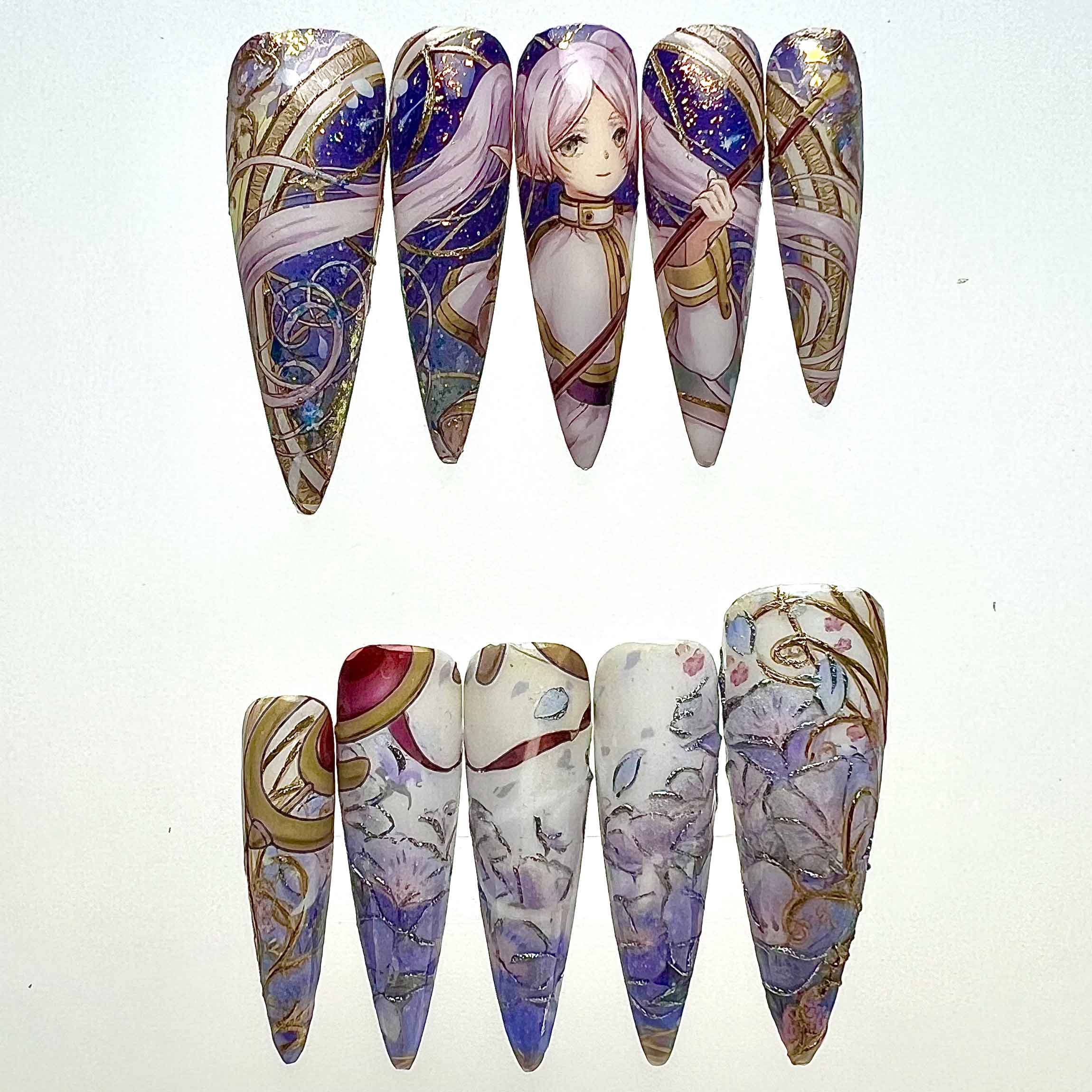 Frieren Nails – Frieren: Beyond Journey's End Press-On Set, Ornate Gold Celestial &amp; Floral Anime Design | Dragonnail