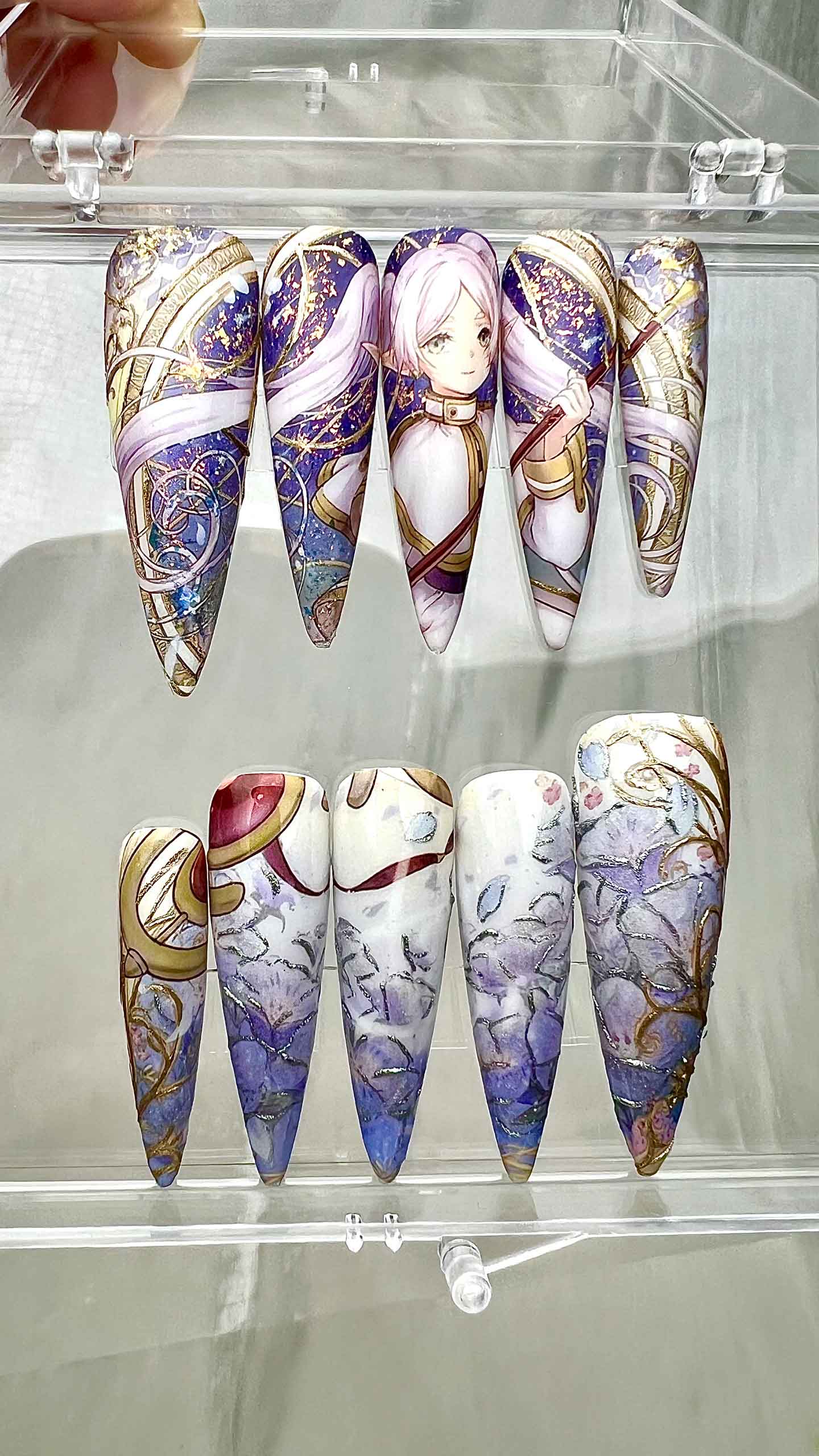 Frieren Nails – Frieren: Beyond Journey's End Press-On Set, Ornate Gold Celestial &amp; Floral Anime Design | Dragonnail