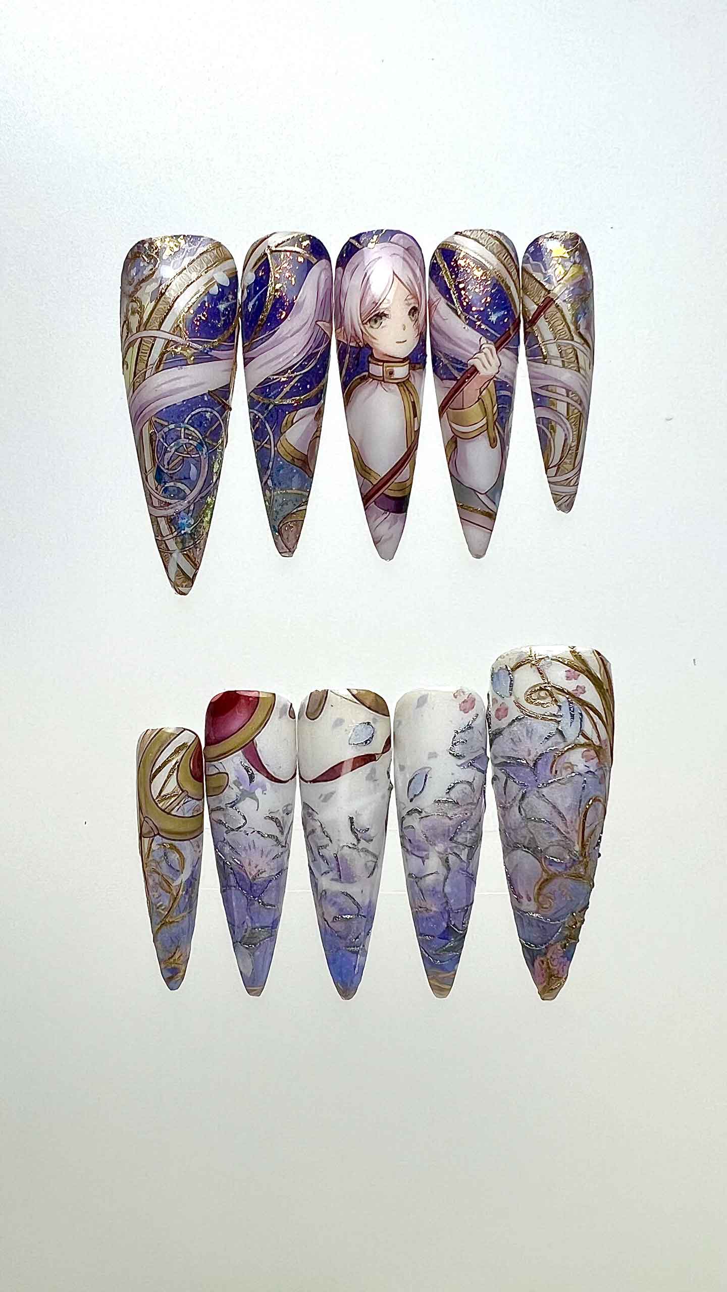 Frieren Nails – Frieren: Beyond Journey's End Press-On Set, Ornate Gold Celestial &amp; Floral Anime Design | Dragonnail