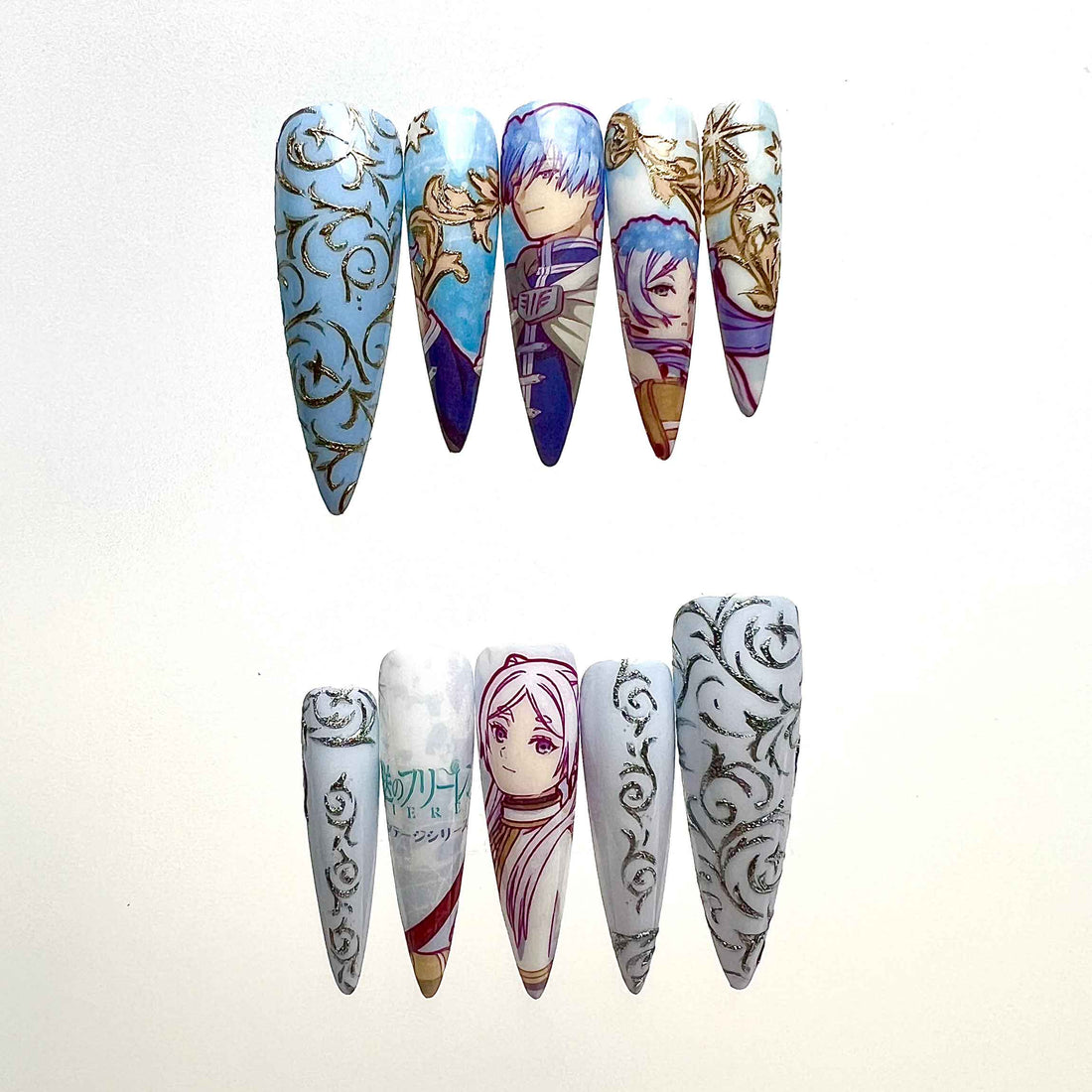 Frieren Beyond Journey's End Press-On Nails | Fern, Himmel &amp; Elven Fantasy Art Set | Blue Aura, Gold Scroll &amp; Baroque Design | Dragonnail