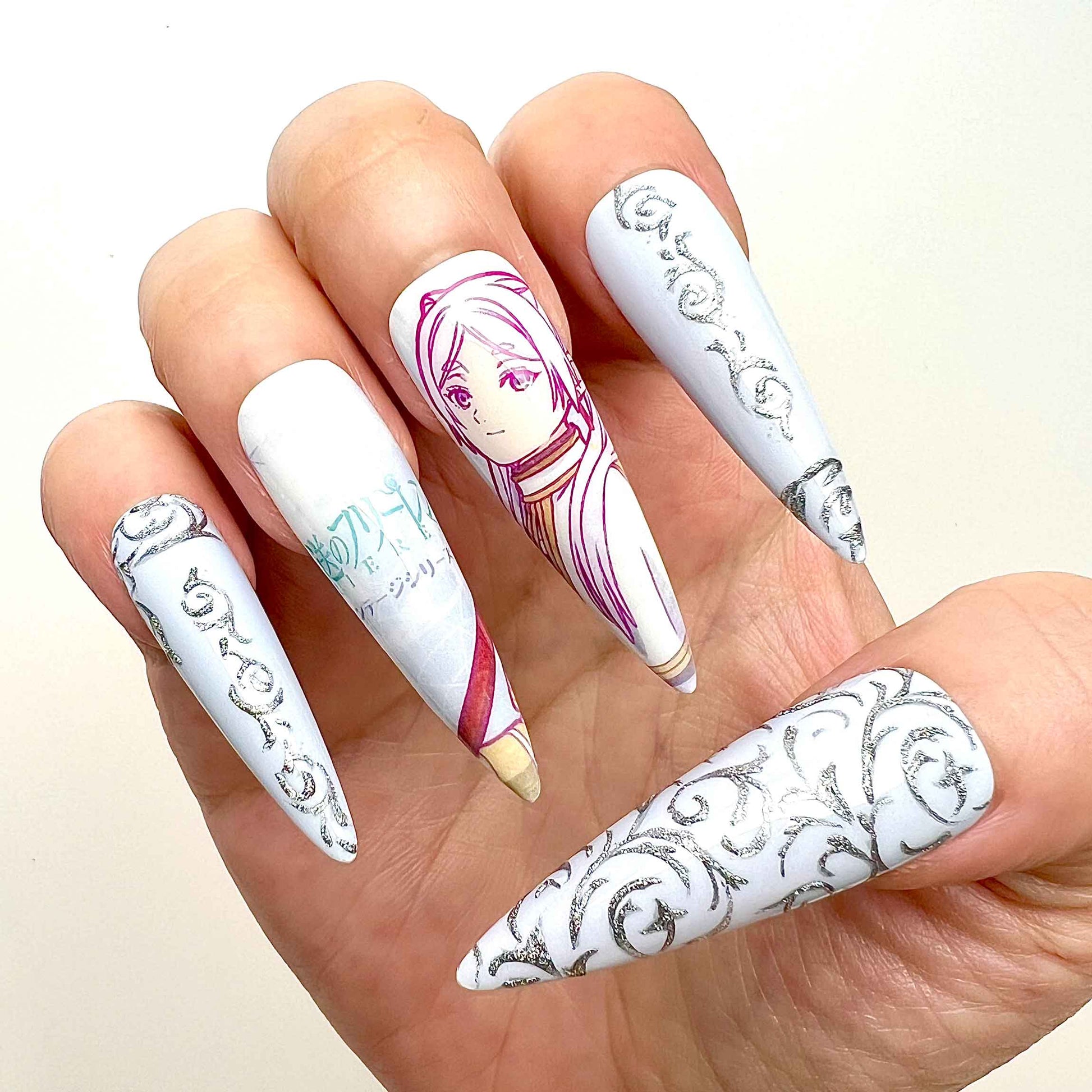 Frieren Beyond Journey's End Press-On Nails | Fern, Himmel &amp; Elven Fantasy Art Set | Blue Aura, Gold Scroll &amp; Baroque Design | Dragonnail