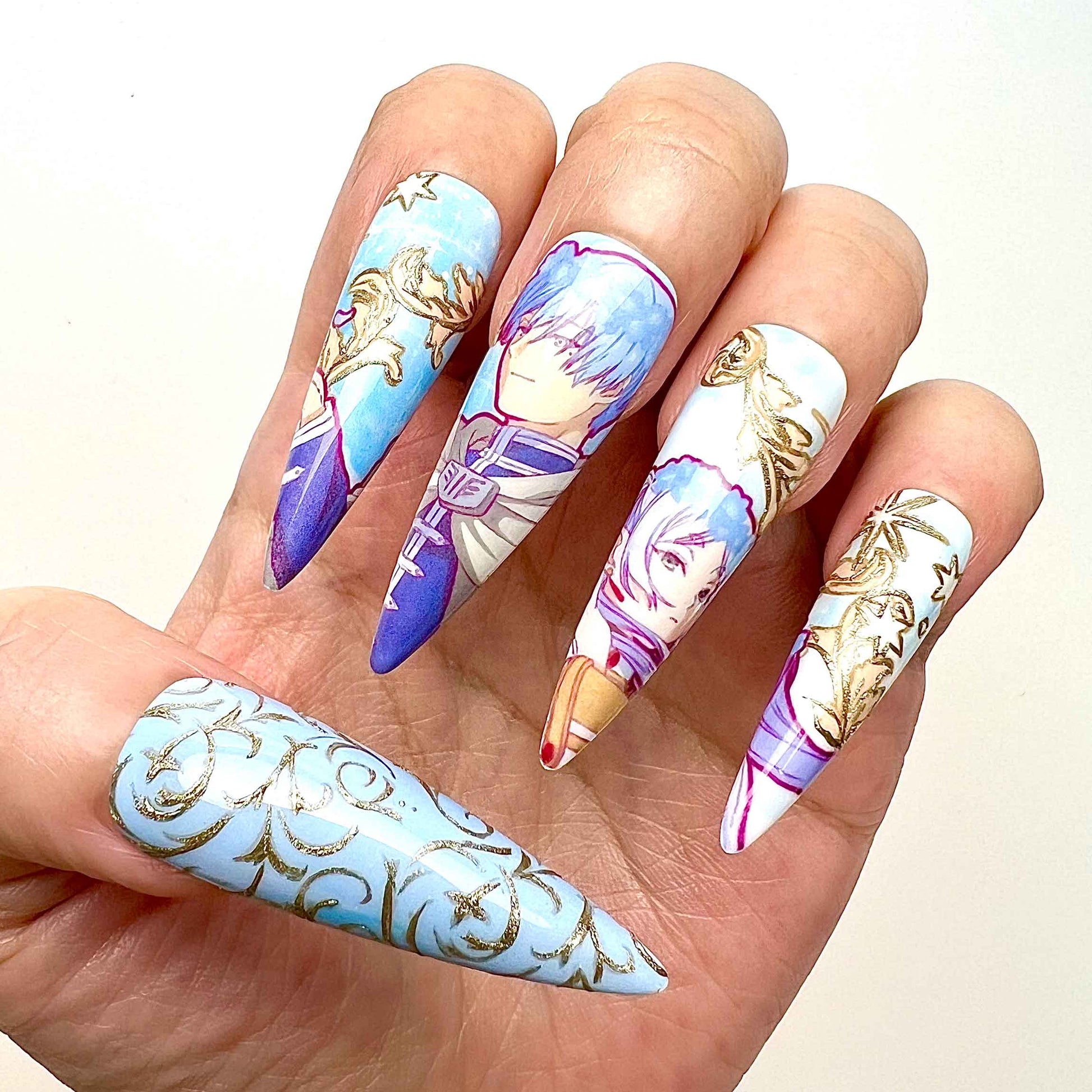 Frieren Beyond Journey's End Press-On Nails | Fern, Himmel &amp; Elven Fantasy Art Set | Blue Aura, Gold Scroll &amp; Baroque Design | Dragonnail