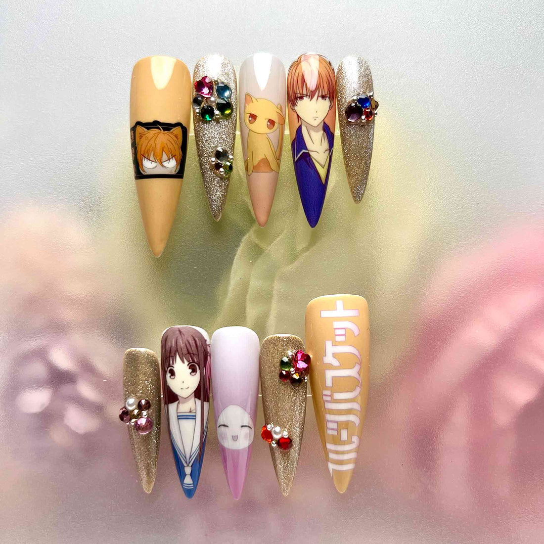 Fruits Basket Nails – Tohru Honda &amp; Kyo Sohma Press-On Set, 3D Gem &amp; Gold Glitter Shojo Anime Design | Dragonnail