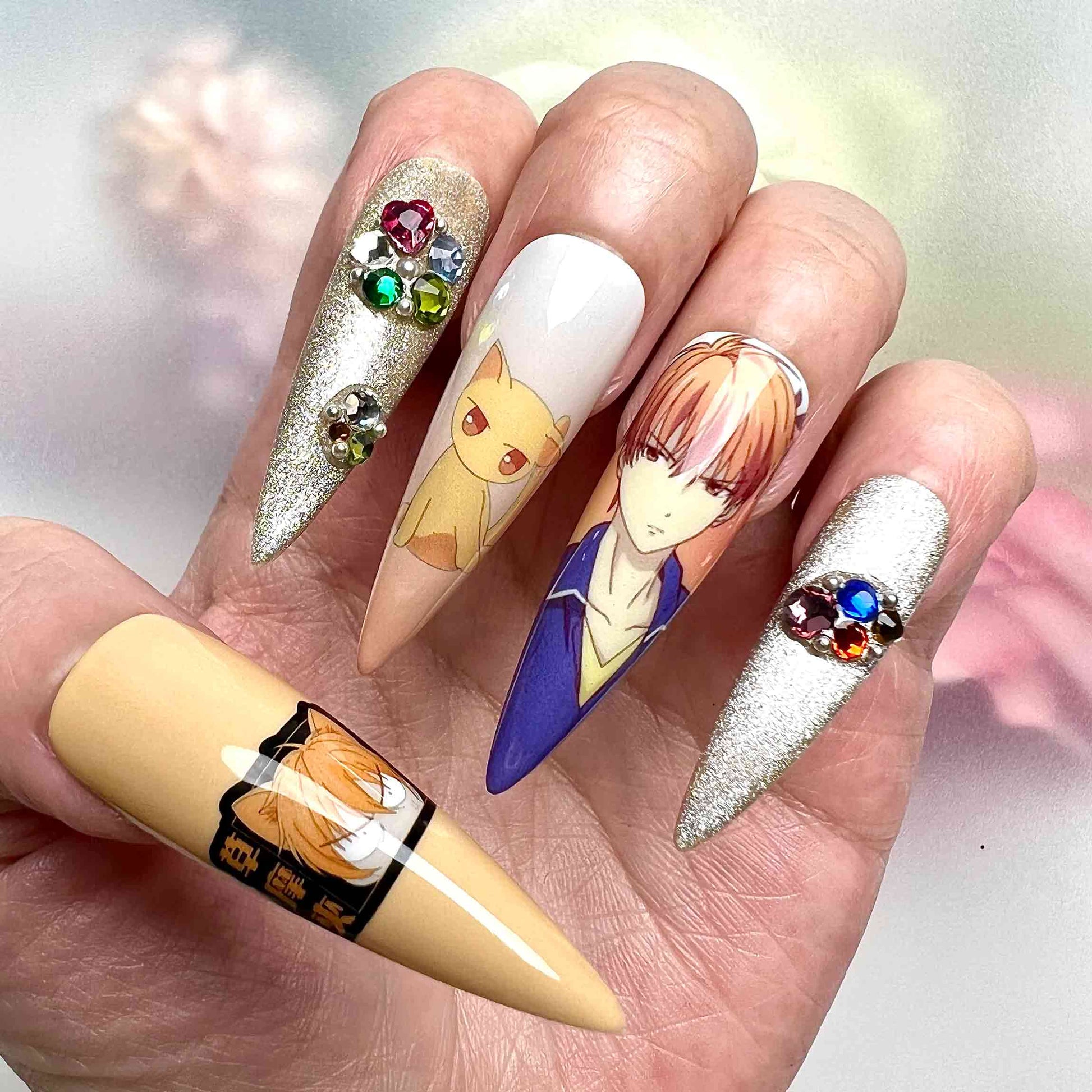Fruits Basket Nails – Tohru Honda &amp; Kyo Sohma Press-On Set, 3D Gem &amp; Gold Glitter Shojo Anime Design | Dragonnail