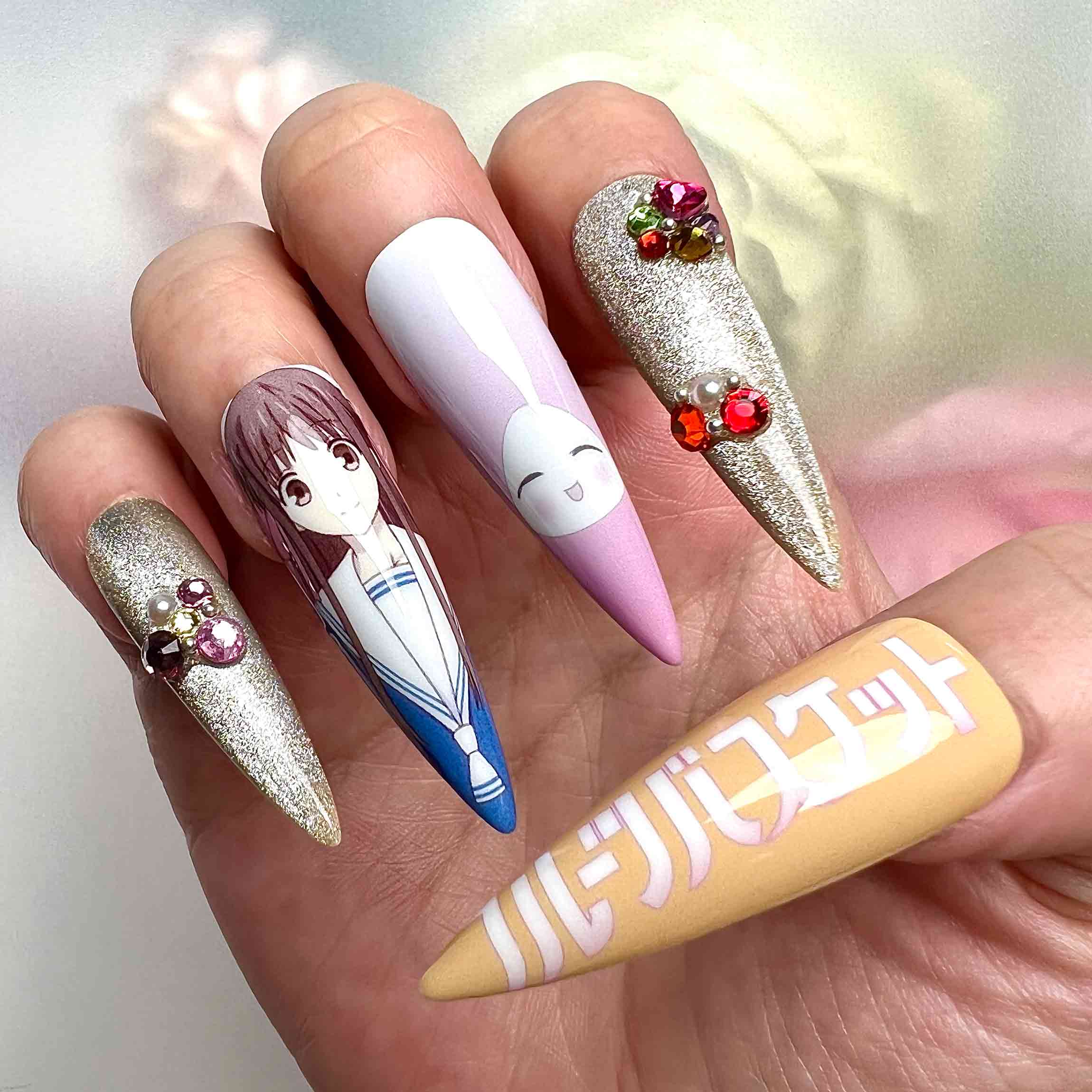 Fruits Basket Nails – Tohru Honda &amp; Kyo Sohma Press-On Set, 3D Gem &amp; Gold Glitter Shojo Anime Design | Dragonnail