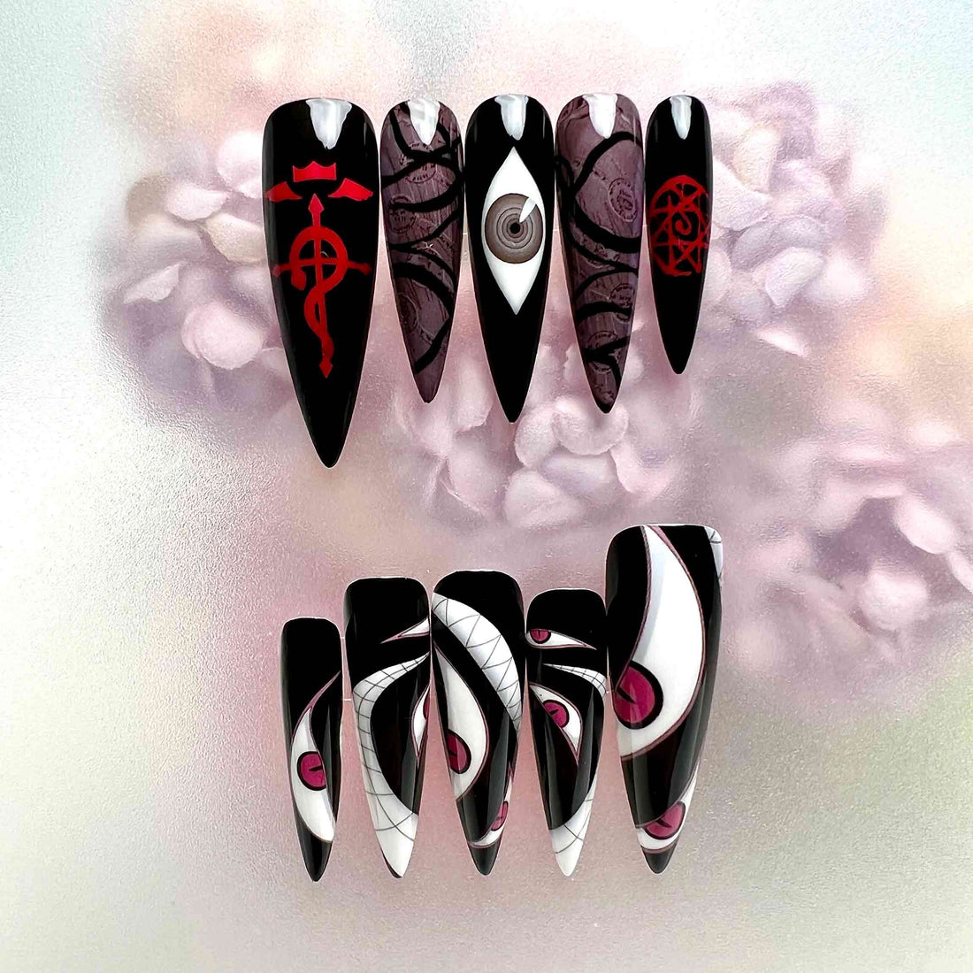 Fullmetal Alchemist Nails – Homunculus &amp; Ouroboros Press-On Set, Red &amp; Black Eye Gothic Anime Design | Dragonnail