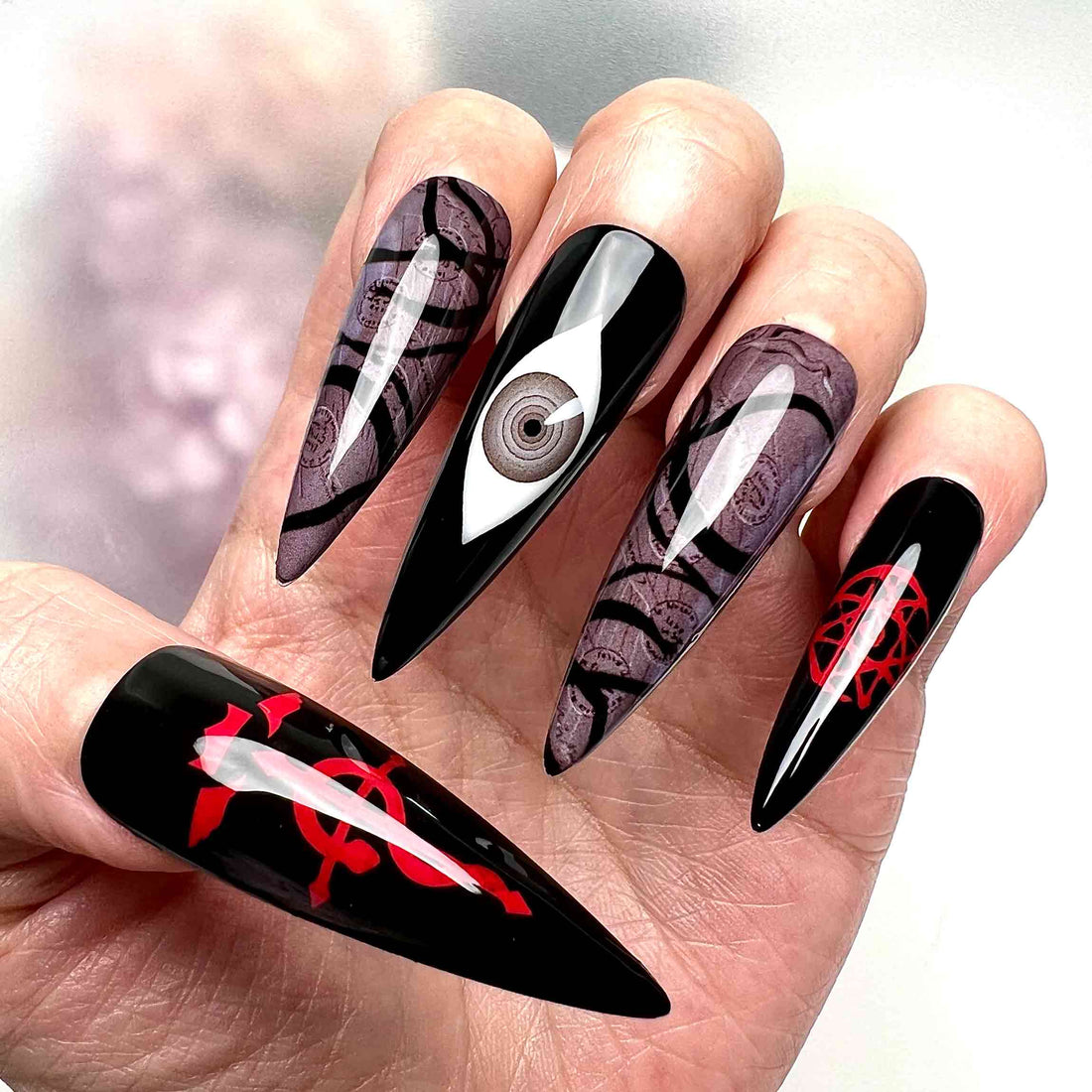 Fullmetal Alchemist Nails – Homunculus &amp; Ouroboros Press-On Set, Red &amp; Black Eye Gothic Anime Design | Dragonnail