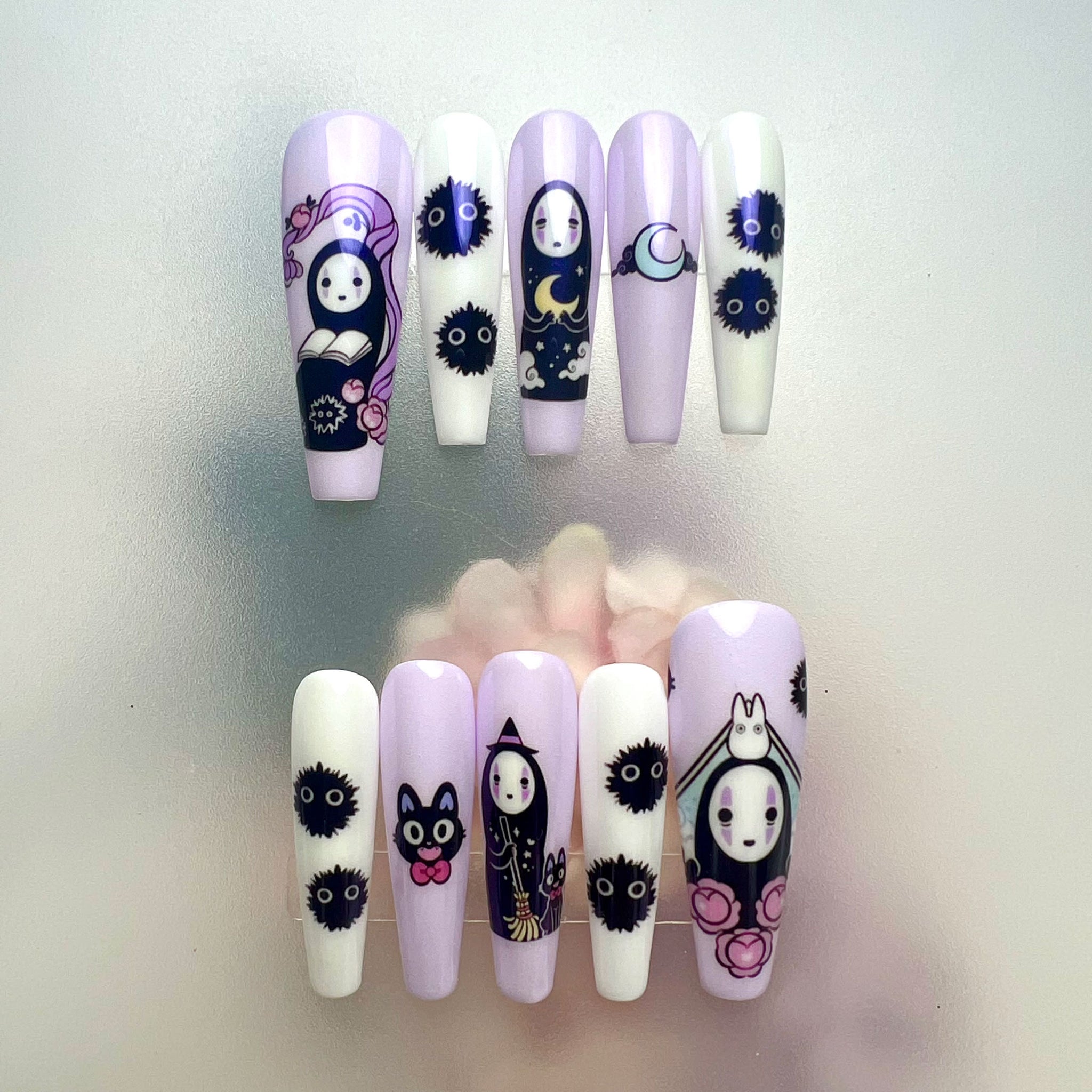 No-Face Nails – Studio Ghibli Press-On Set, Cute Soot Sprites &amp; Jiji, Pastel Lavender Kawaii Design | Dragonnail