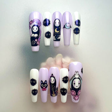 No-Face Nails – Studio Ghibli Press-On Set, Cute Soot Sprites &amp; Jiji, Pastel Lavender Kawaii Design | Dragonnail