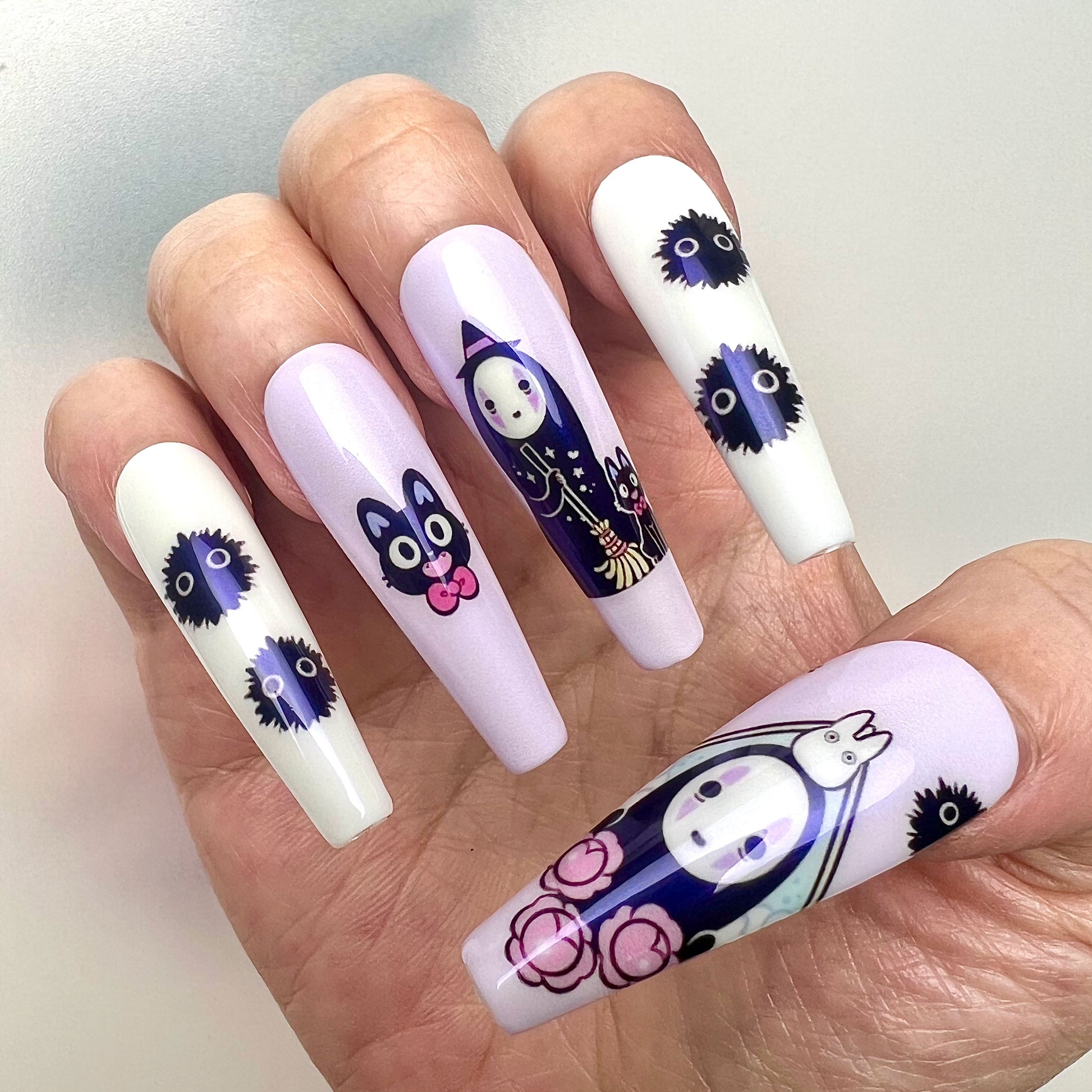 No-Face Nails – Studio Ghibli Press-On Set, Cute Soot Sprites &amp; Jiji, Pastel Lavender Kawaii Design | Dragonnail