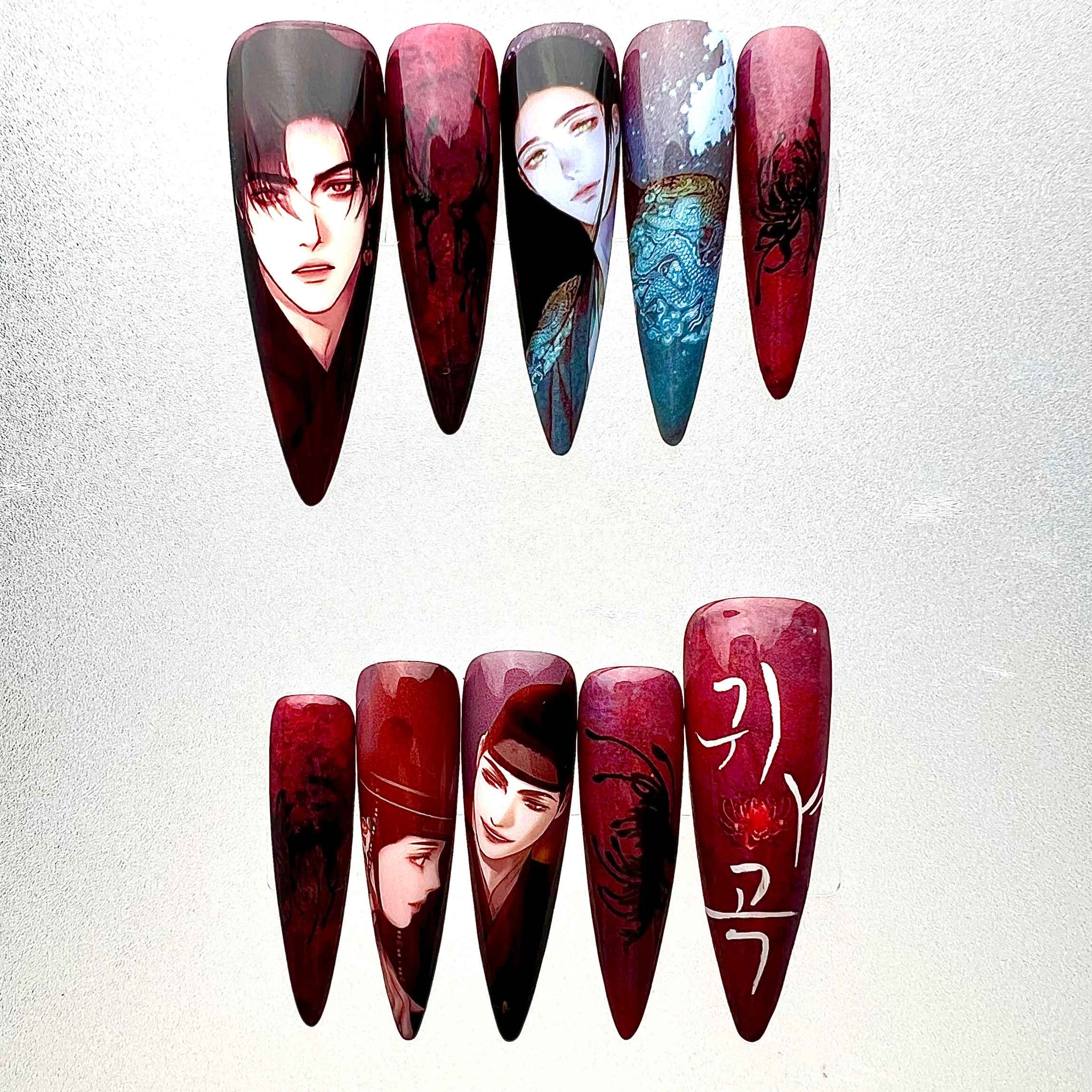 Painter of the Night Nails – BL Manhwa Press-On Set, Seungho &amp; Na-kyum Gothic Red Design | Dragonnail