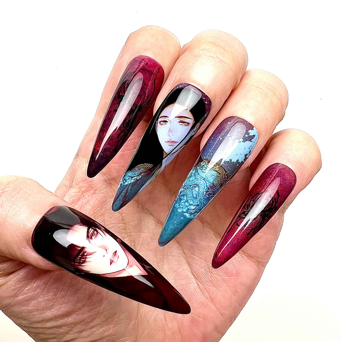 Painter of the Night Nails – BL Manhwa Press-On Set, Seungho &amp; Na-kyum Gothic Red Design | Dragonnail