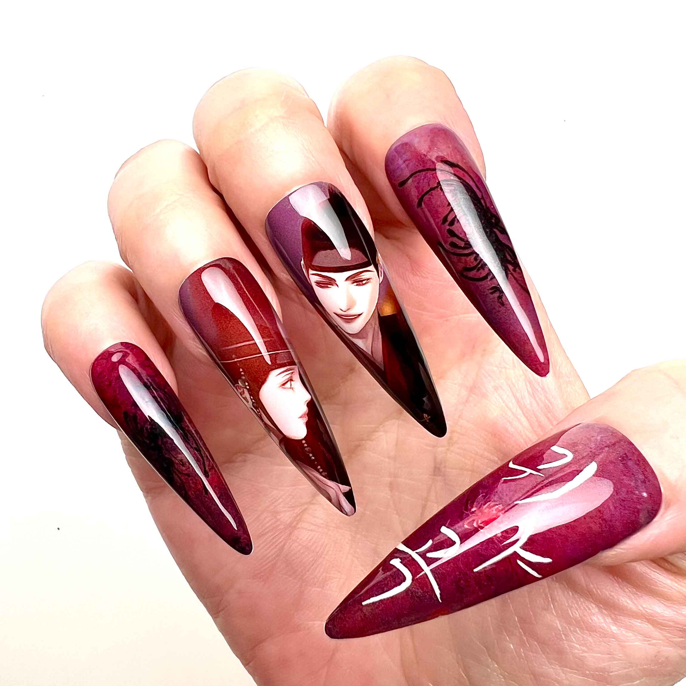 Painter of the Night Nails – BL Manhwa Press-On Set, Seungho &amp; Na-kyum Gothic Red Design | Dragonnail