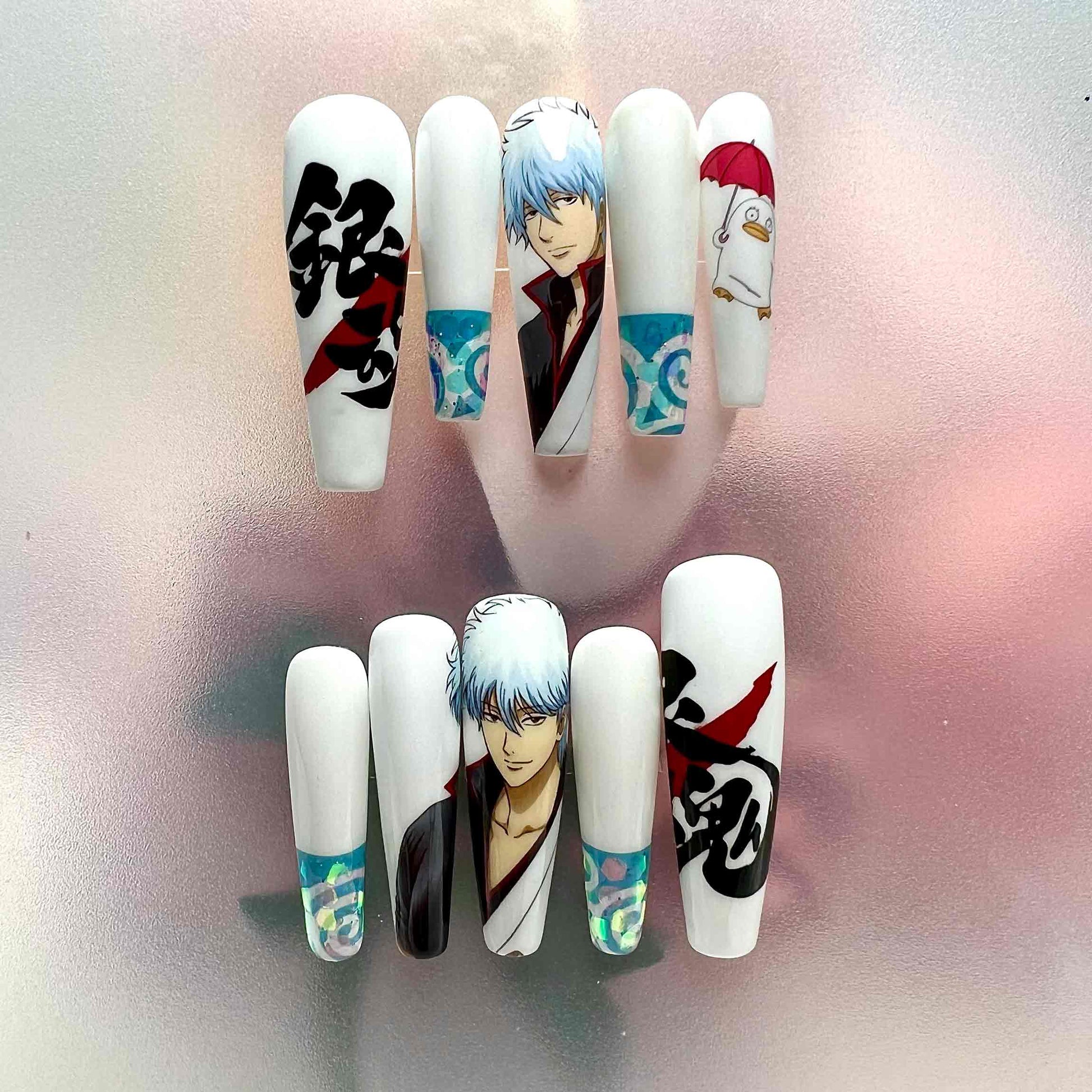 Gintama Nails – Gintoki Sakata Press-On Nail Set, White &amp; Blue Samurai Anime Design | Dragonnail