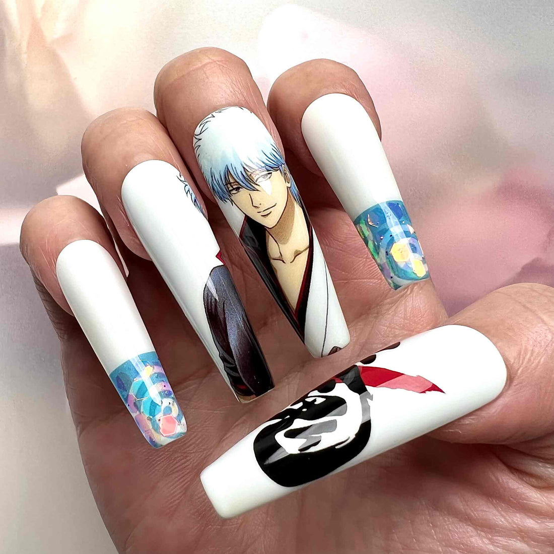 Gintama Nails – Gintoki Sakata Press-On Nail Set, White &amp; Blue Samurai Anime Design | Dragonnail