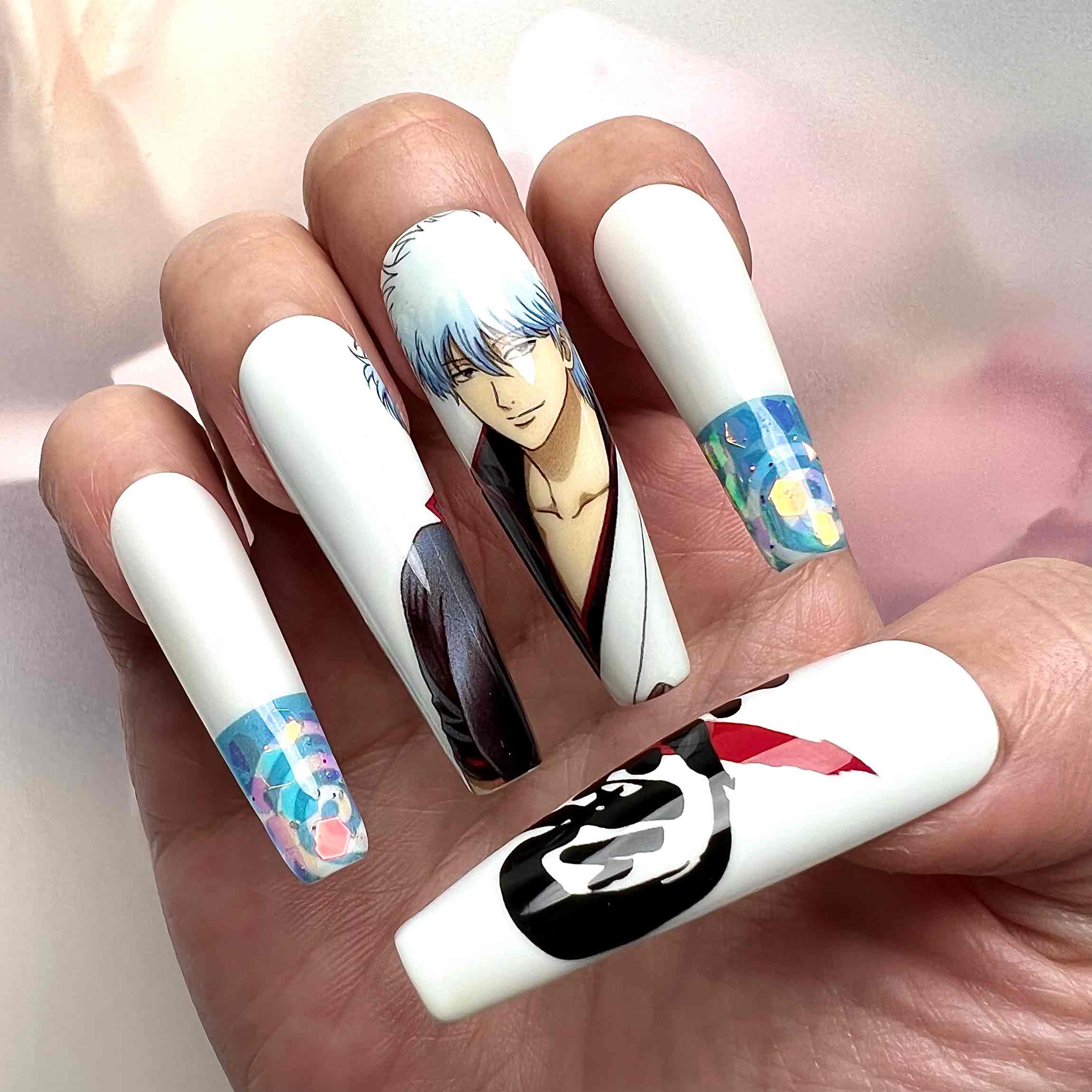 Gintama Nails – Gintoki Sakata Press-On Nail Set, White &amp; Blue Samurai Anime Design | Dragonnail
