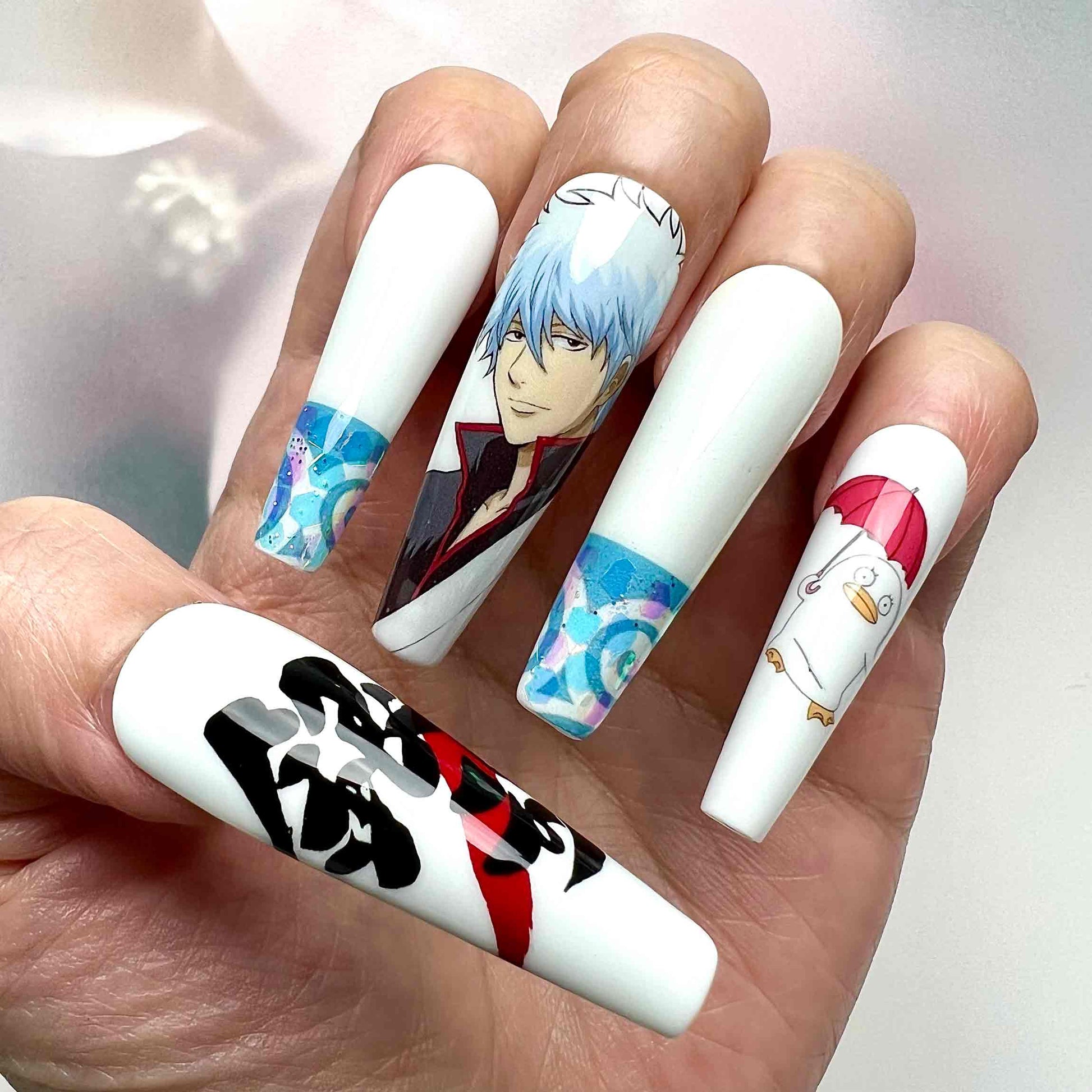 Gintama Nails – Gintoki Sakata Press-On Nail Set, White &amp; Blue Samurai Anime Design | Dragonnail