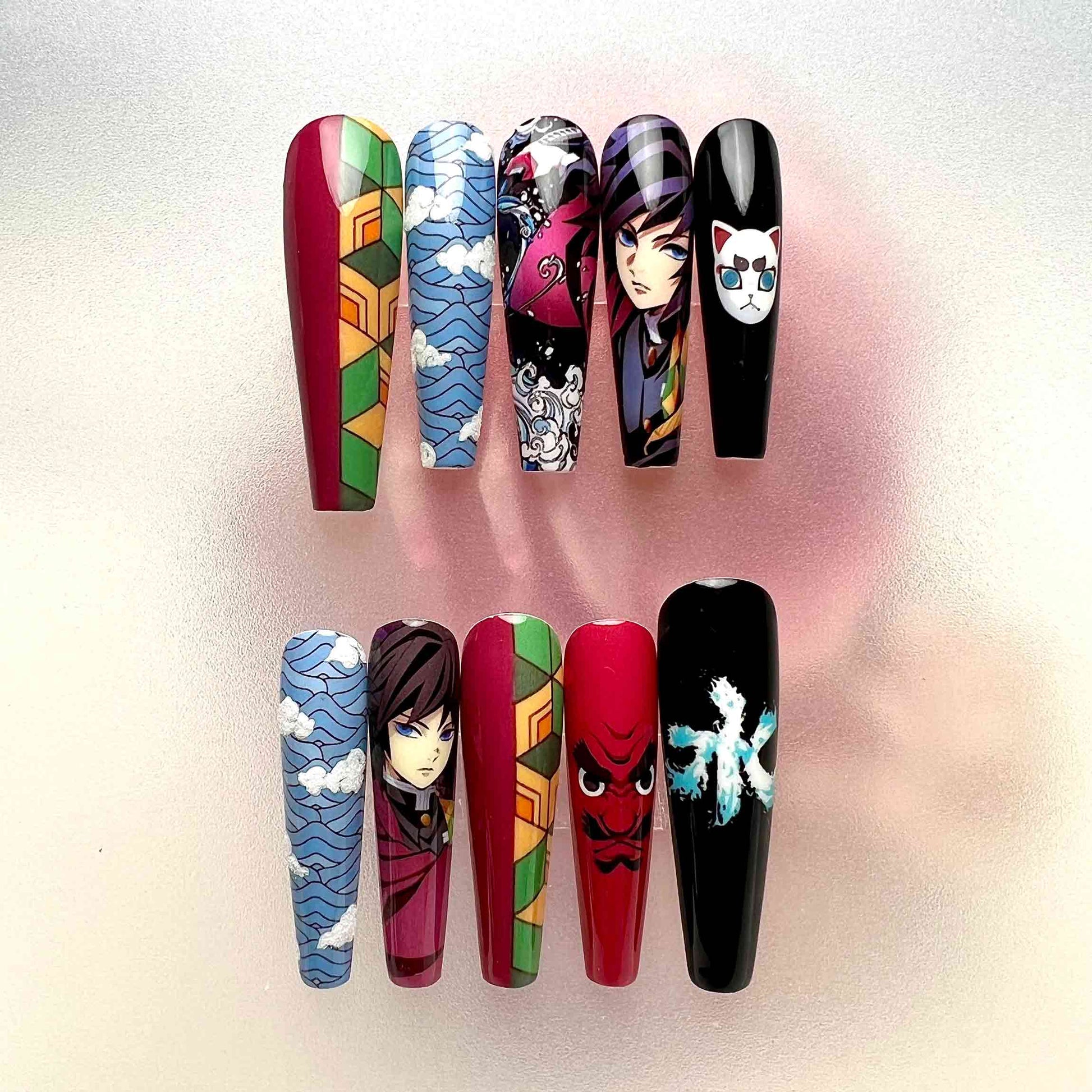 Giyu Tomioka Nails – Demon Slayer KNY Press-On Set, Water Hashira Haori &amp; Fox Mask Anime Design | Dragonnail