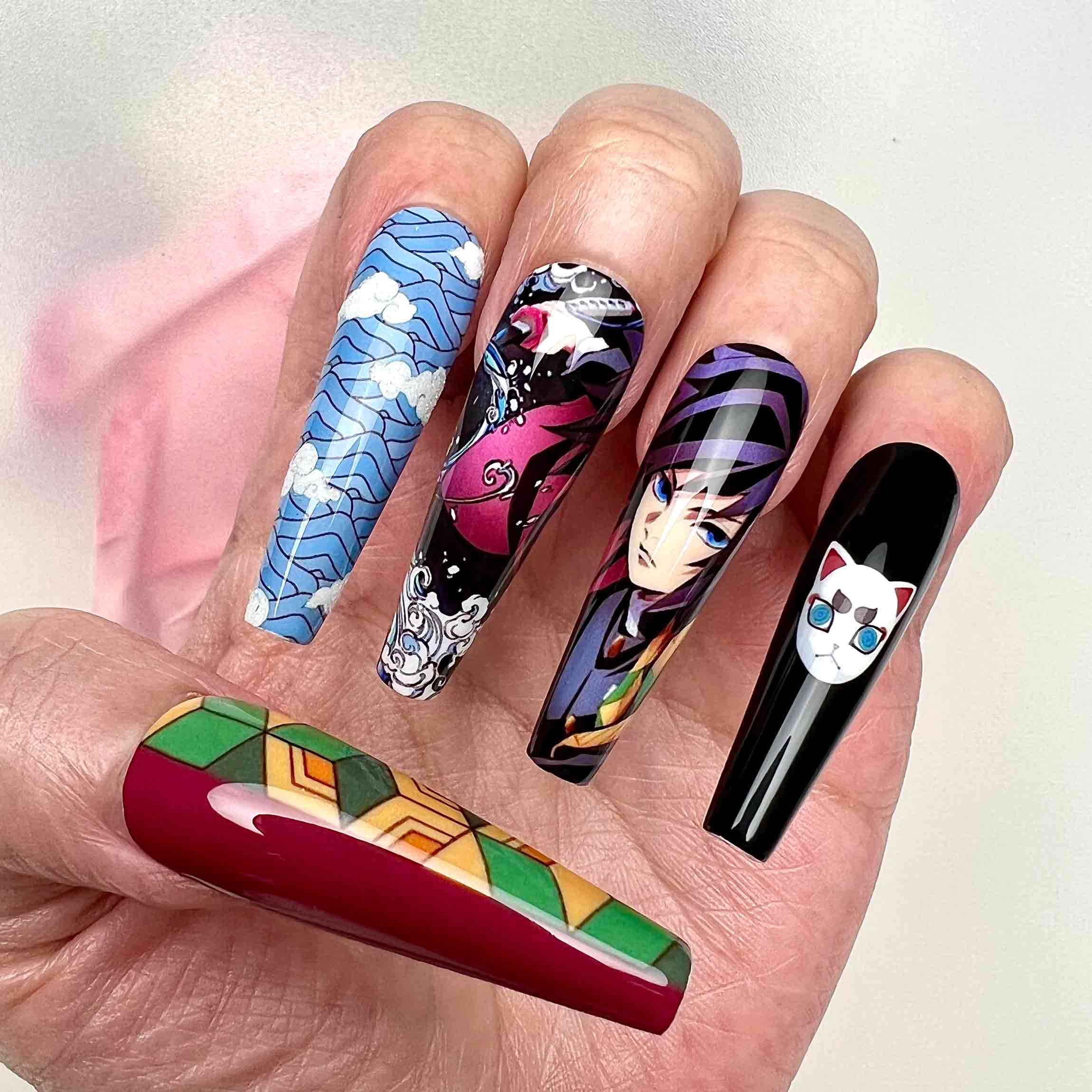 Giyu Tomioka Nails – Demon Slayer KNY Press-On Set, Water Hashira Haori &amp; Fox Mask Anime Design | Dragonnail