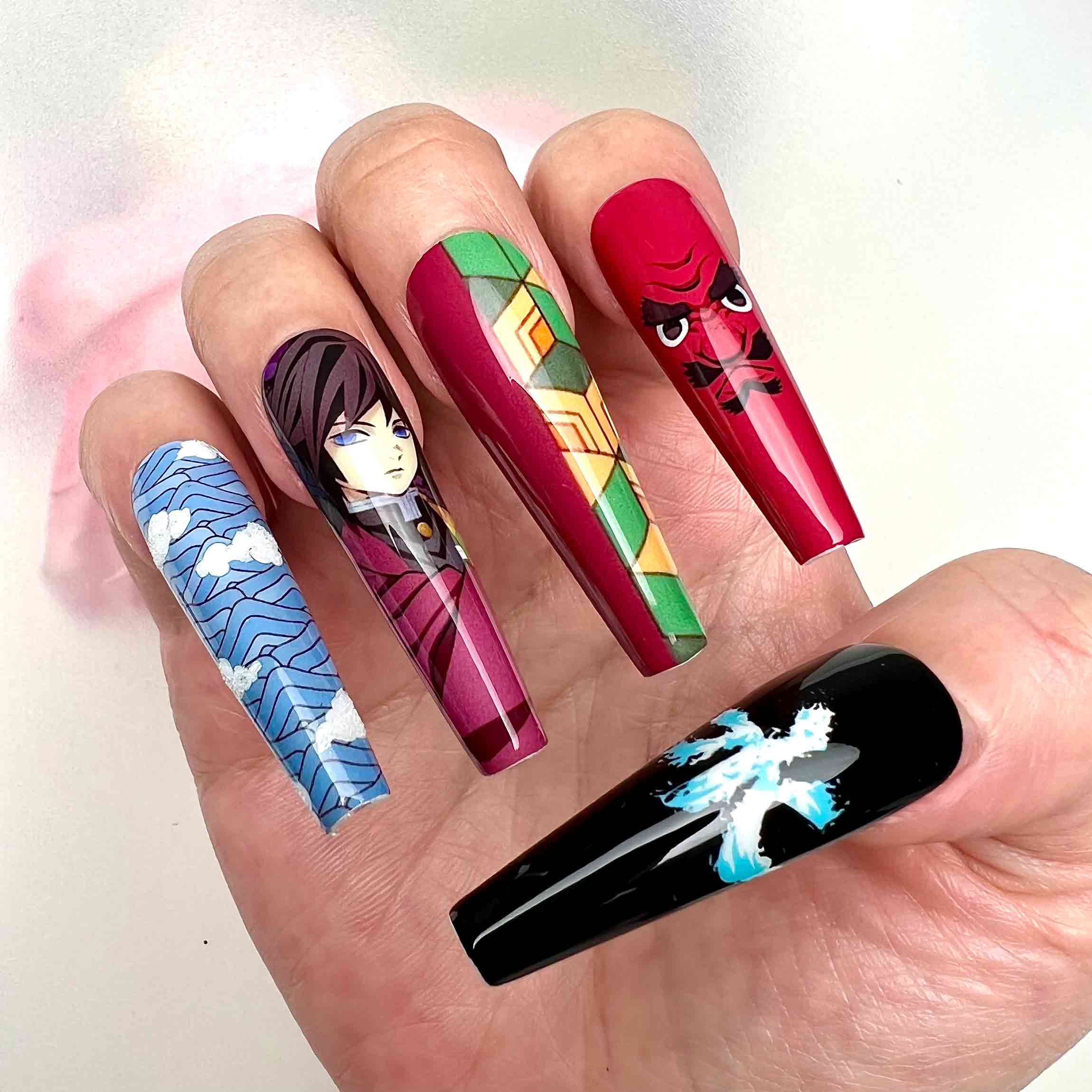 Giyu Tomioka Nails – Demon Slayer KNY Press-On Set, Water Hashira Haori &amp; Fox Mask Anime Design | Dragonnail