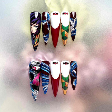 Giyu Tomioka Nails – Demon Slayer KNY Press-On Set, Water Breathing &amp; Haori Pattern Anime Design | Dragonnail