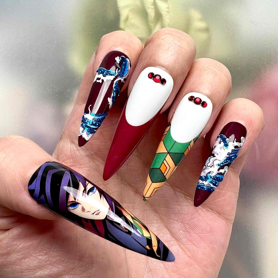 Giyu Tomioka Nails – Demon Slayer KNY Press-On Set, Water Breathing &amp; Haori Pattern Anime Design | Dragonnail