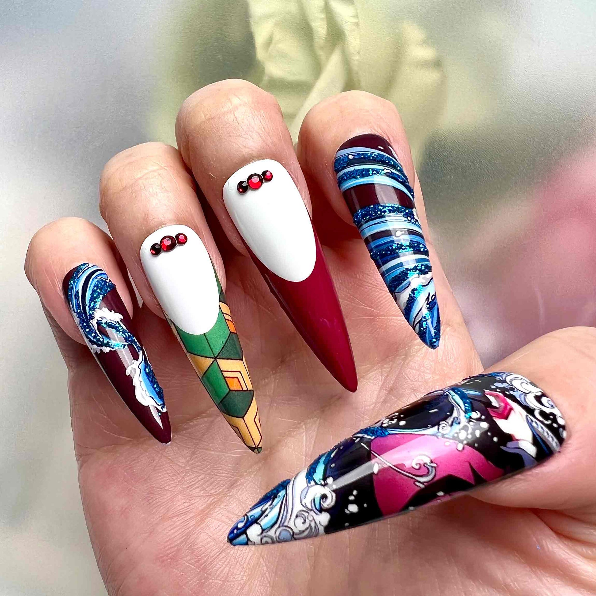 Giyu Tomioka Nails – Demon Slayer KNY Press-On Set, Water Breathing &amp; Haori Pattern Anime Design | Dragonnail